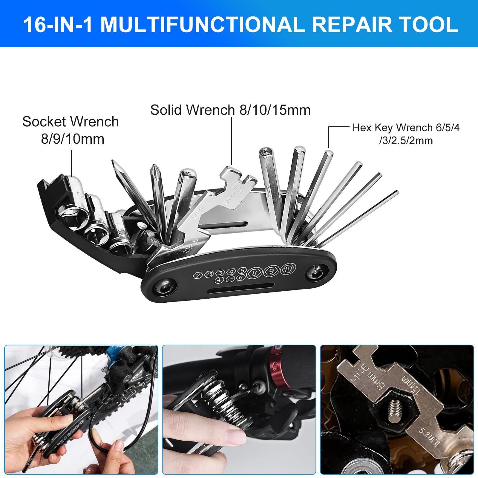 Ninonly Kit de Herramientas para Bicicleta 27PCs con Bomba 120PSI y Multiherramienta 16 en 1 Kit Reparación Bicicleta Completo Kit de Parche y Palancas para Camping Viajes Bolsa - 4