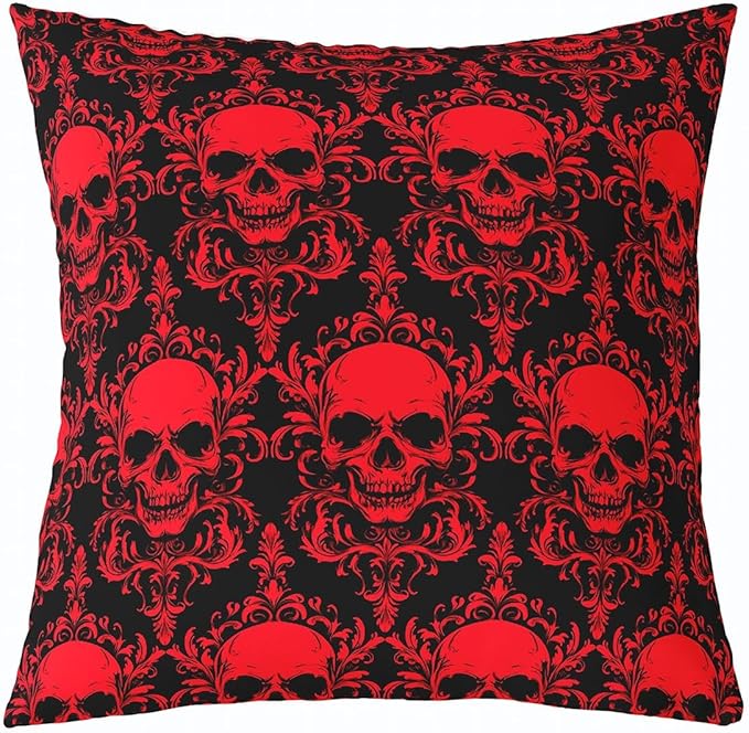 jejeloiu Sugar Skull Throw Pillow Covers Set of 1,16 x 16-Inch,Bohemia Boho Cushion Case,Gothic Skull Decor Pillowcase,Red Black Damask Indoor Outdoor,Luxury Flower