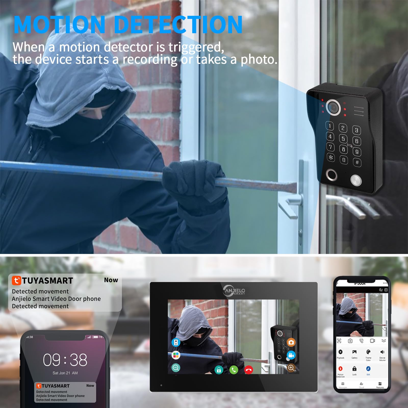 ANJIELO SMART Videocitofono, display touch screen da 7 pollici con sistema telefonico 1080P integrato, sblocco con impronte digitali, scheda RFID e codice PIN e rilevamento dei movimenti umani, 94218