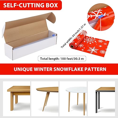Miniatura 2 de Rollo de mantel de copo de nieve de 100 pies x 54 pulgadas con caja cortadora, diseño de copo de nieve con temática navideña, telón de fondo