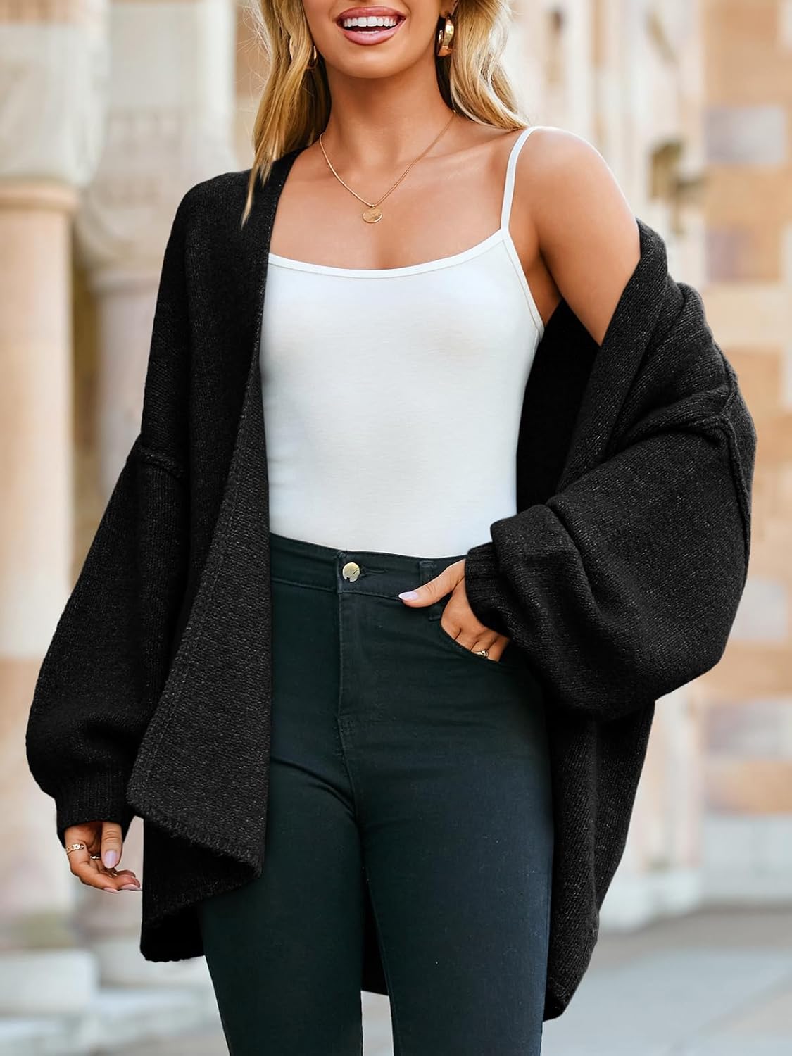 Saodimallsu Womens Oversized Cardigan Sweaters Open Front Chunky Knit Casual Long Lantern Sleeve Fall Sweater Coats - Image 4