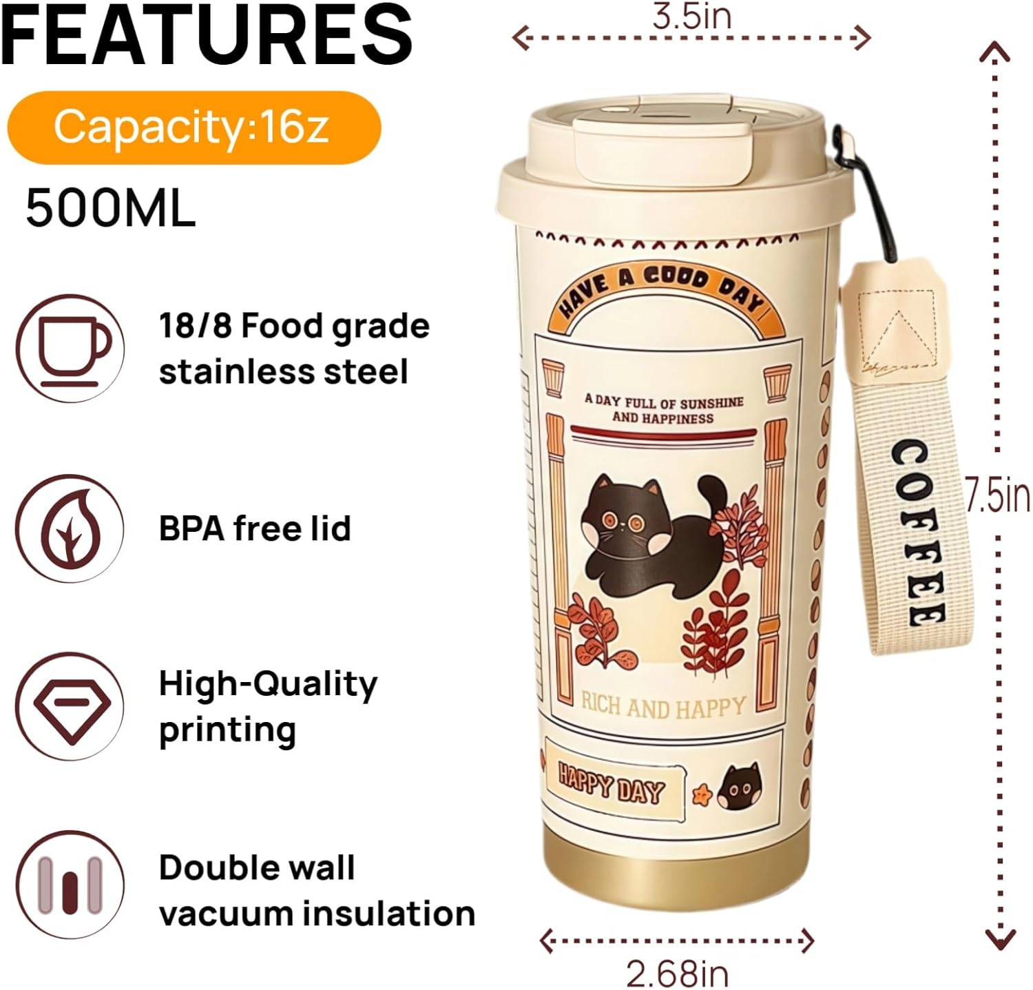16 oz Travel Coffee Mug, Cat Insulated Coffee Mug, Cute Stainless Steel Insulated Tumbler for Water, Tea, Leakproof, Double Wall Vacuum, Hot & Cold Drinks - Image 3