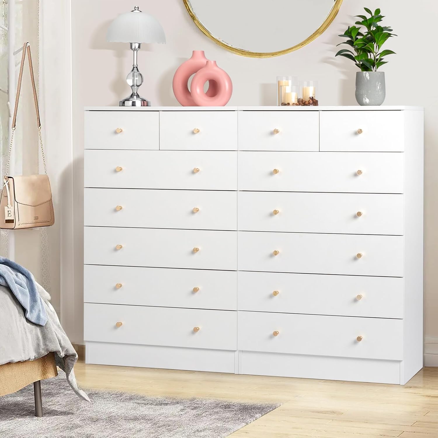 Close-up images showing rose gold handles, durable drawer slides, and the anti-tipping device