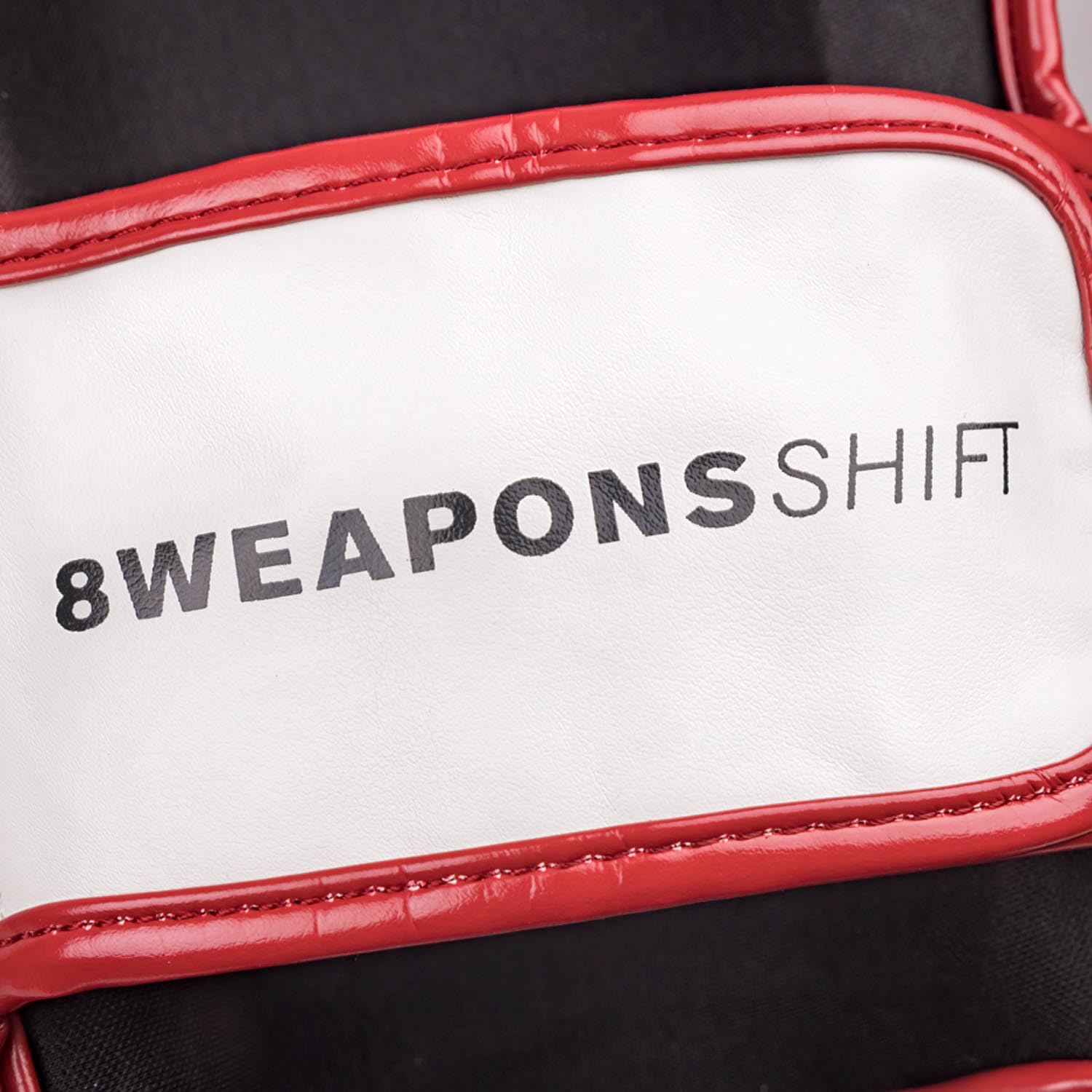 8 WEAPONS Espinilleras Shift, blanco y rojo marino, entrenamiento y competición, piel sintética de alta calidad y amortiguación perfecta, Muay Thai, K1, MMA, karate y kickboxing