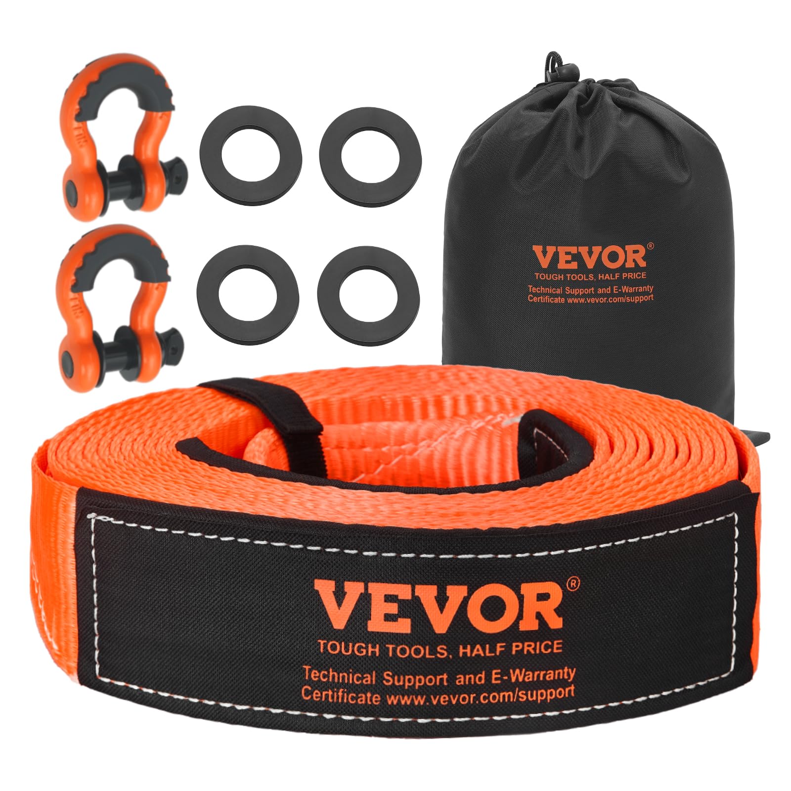VEVOR Kit de Recuperación de Correas de Remolque, 76,2 mm x 9,1 m Capacidad de 16329 kg Correa de Cabrestante con Fundas Protectoras y Bolsa de Almacenamiento, Grilletes de Anilla en D para SUV, ATV