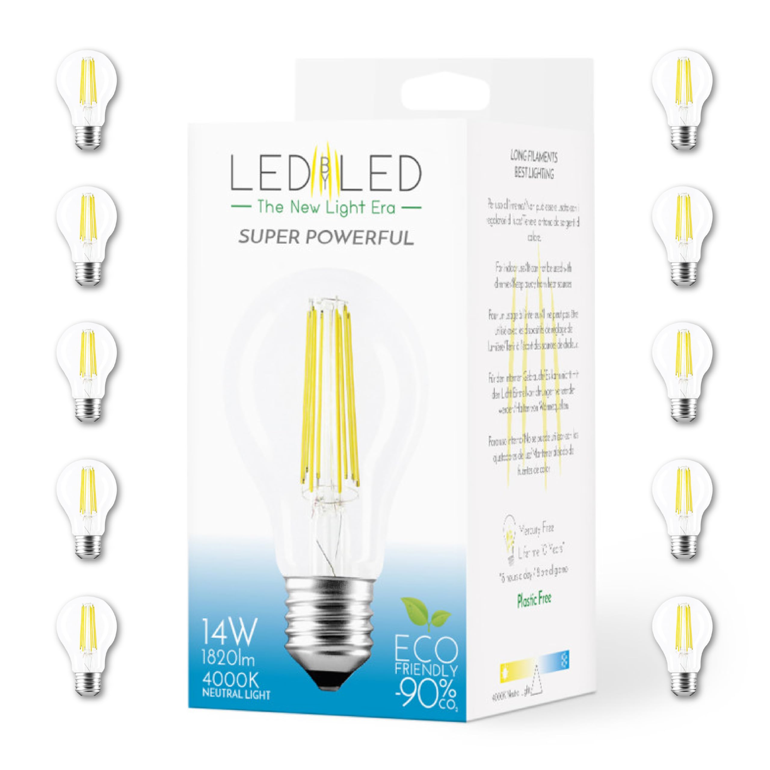 Bombilla Gota 14W Equivalente a 140W, E27, Cristal Transparente, 4000K Luz Natural, filamento LED recto, 1820 Lúmenes, Paquete de 10 unidades