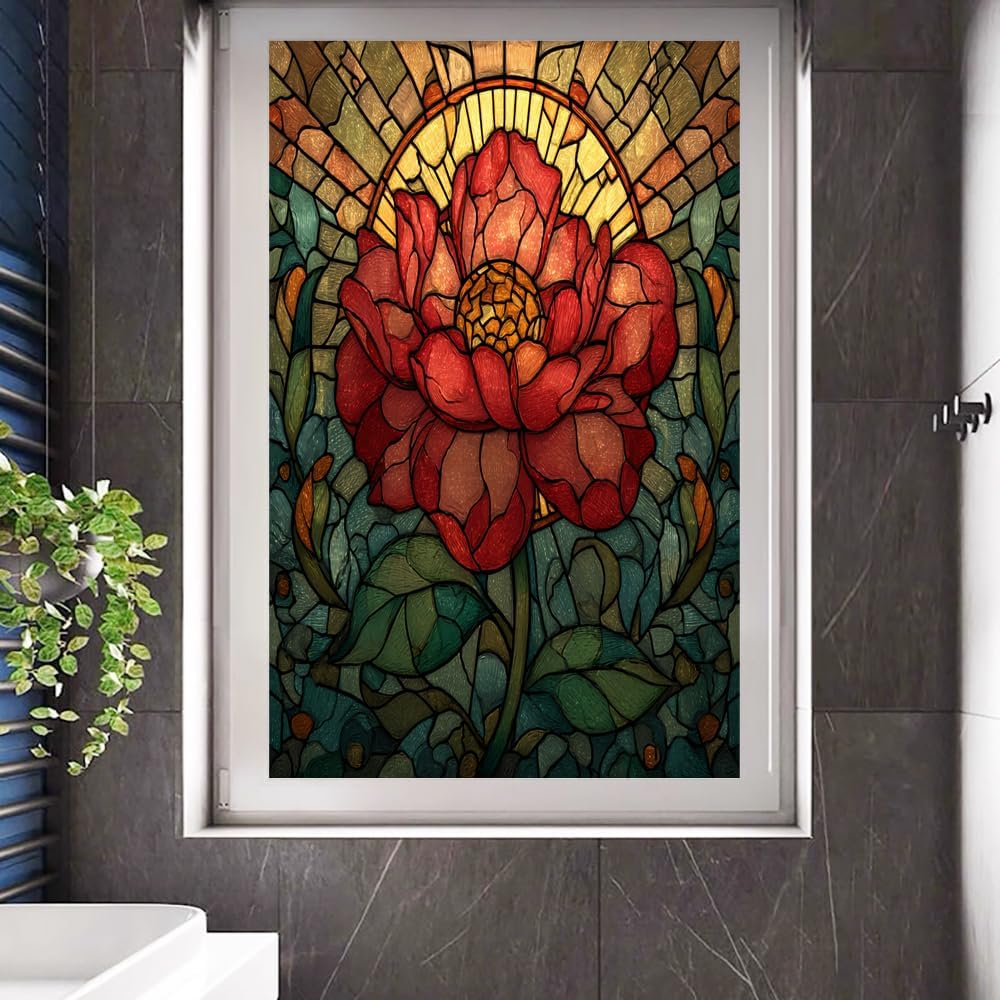 Nature Sunlight Flower Privacy Window Film, Red Botanical Mosaic Frosted Self-Adhesive Vinyl Cling for Glass Doors Bathroom Windows Sun Blocking Heat Control, 27.6Wx47.2L inch