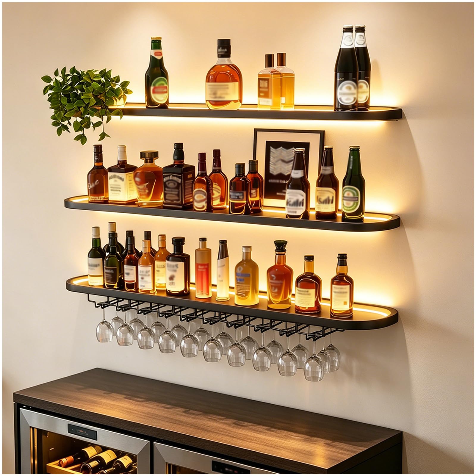 100cm Wall Mounted Wine Rack with LED Glass Holder, Bar Wall Shelves, 360°Wrap-Around Led Curved Floating Bar Shelves with Lights, Modern Wine Rack Wall Mounted for Home Bar Dining Room (Black, 100cm)