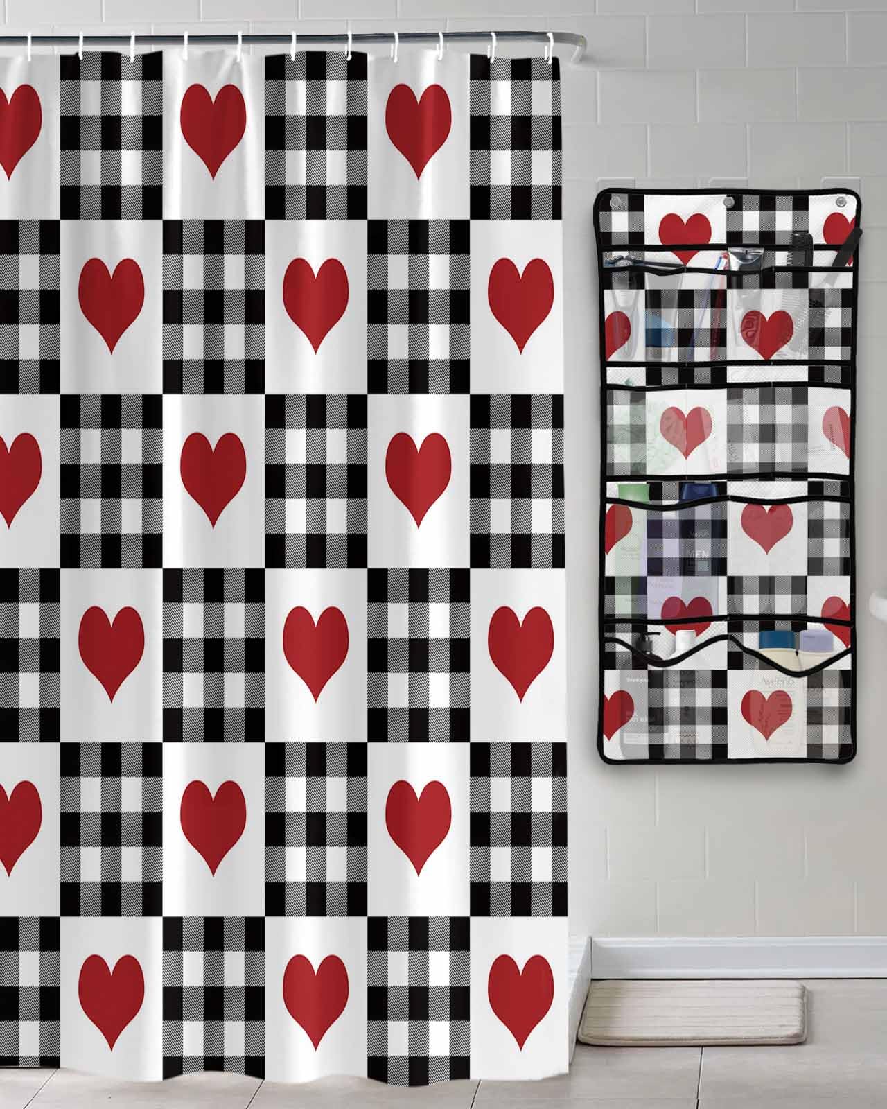 Shower Curtain Mesh Shower Organizer Hanging Set Valentines Day Red Heart Buffalo Plaid Black White Waterproof Shower Curtains