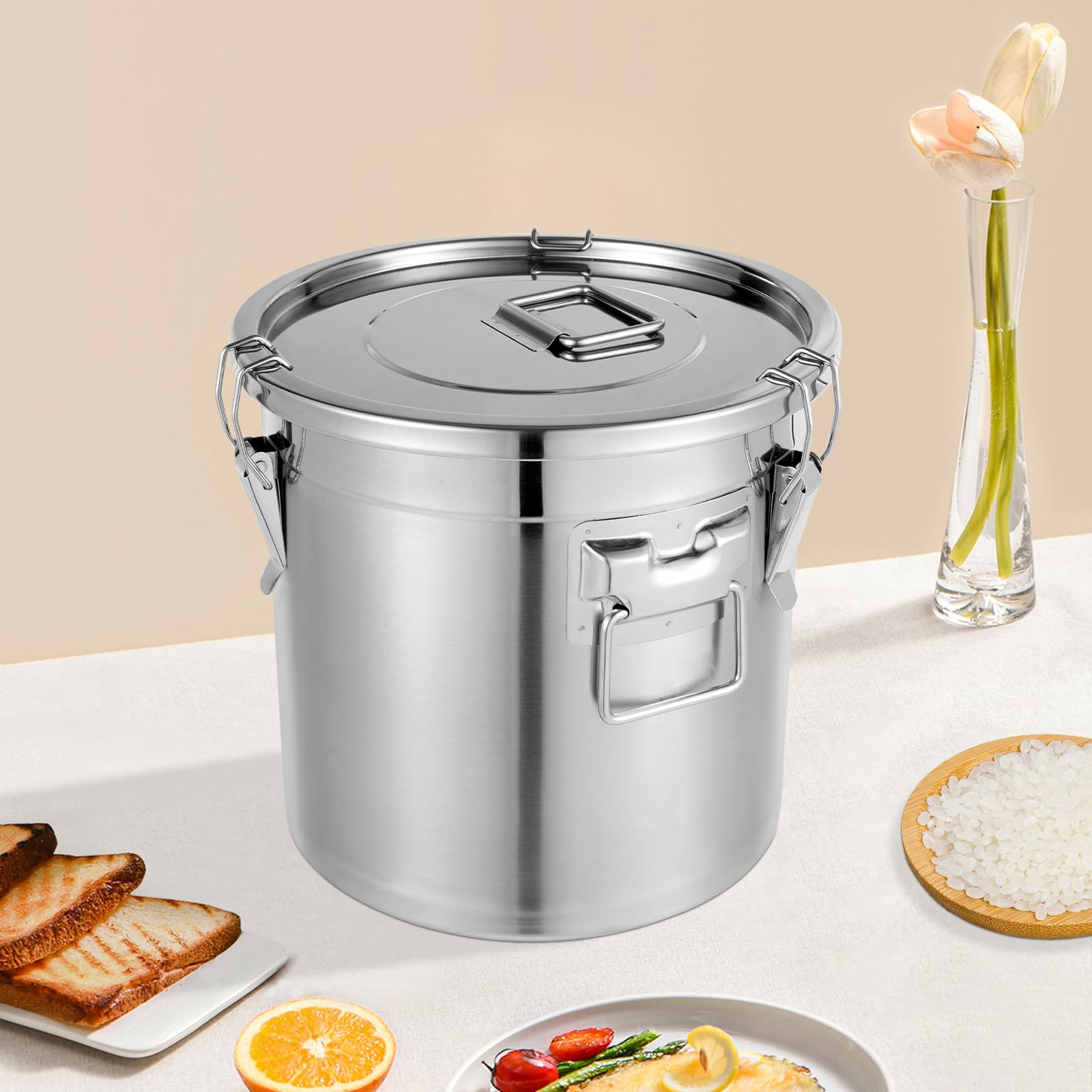 Contenitore per cereali da cucina, per farina, cereali, latte, con coperchio, in acciaio inox, ermetico, contenitore per cereali da cucina, contenitore per farina e manici (21 L)