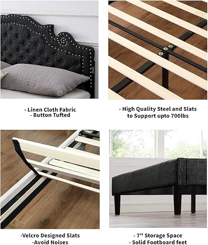 Miniatura 6 de Base de cama tapizada matrimonial con cabecera ajustable de 47 pulgadas de alto cama de lino capitoné con botones soporte de listones de madera con