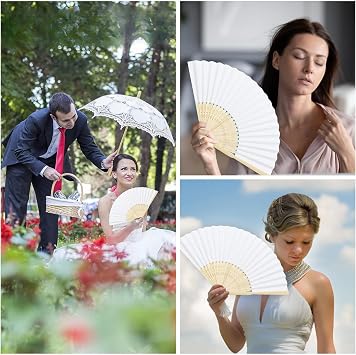 20pcs Hand Held Folding Fan - White Chinese Wooden Paper Hand Folding Handheld Fan for Women, Bamboo and Wooden Hand Held Folding Fan for Wedding Party Dancing Home Decoration