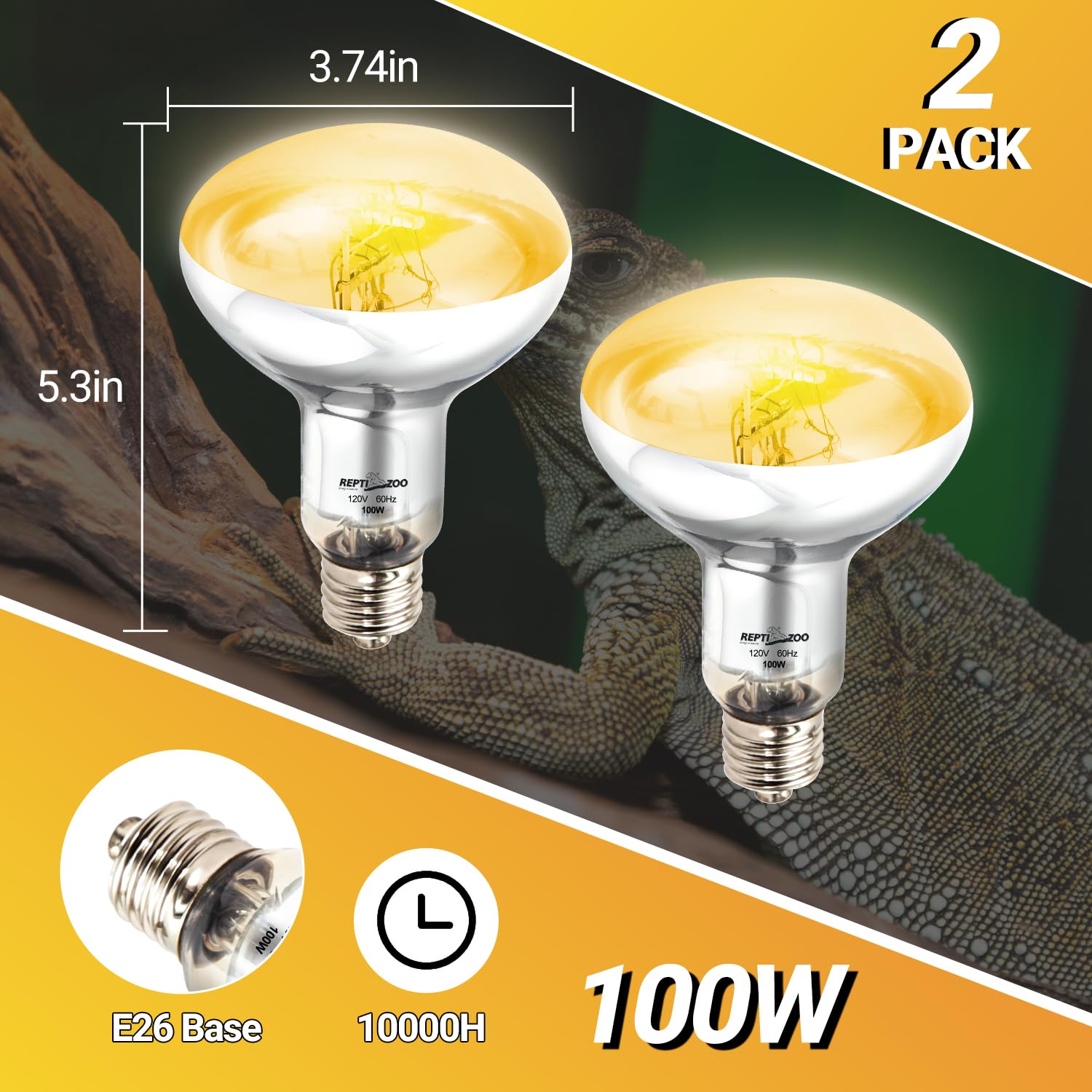 REPTI ZOO 2PACK Reptile Heat Lamp Bulb, 100W Full Spectrum UVA UVB Sun Lamp, Self-Ballasted Vapor Basking Lamp for Bearded Dragon Gecko Lizard Snake Chameleons Turtle Chicken - image 2