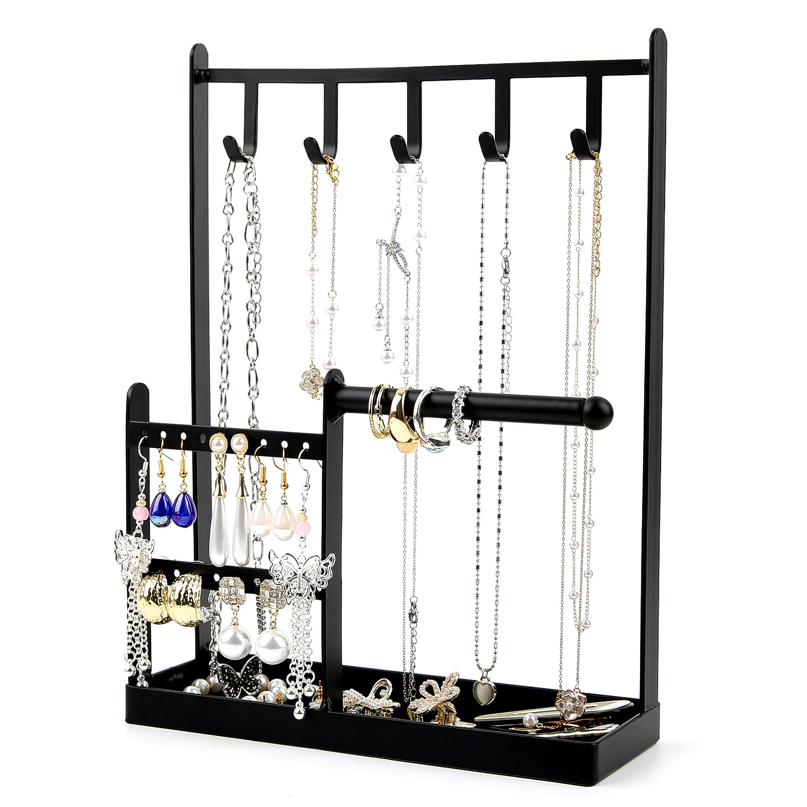 Présentoir à bijoux à 3 niveaux pour boucles d'oreilles, colliers, bracelets, petite tour de rangement esthétique (noir)