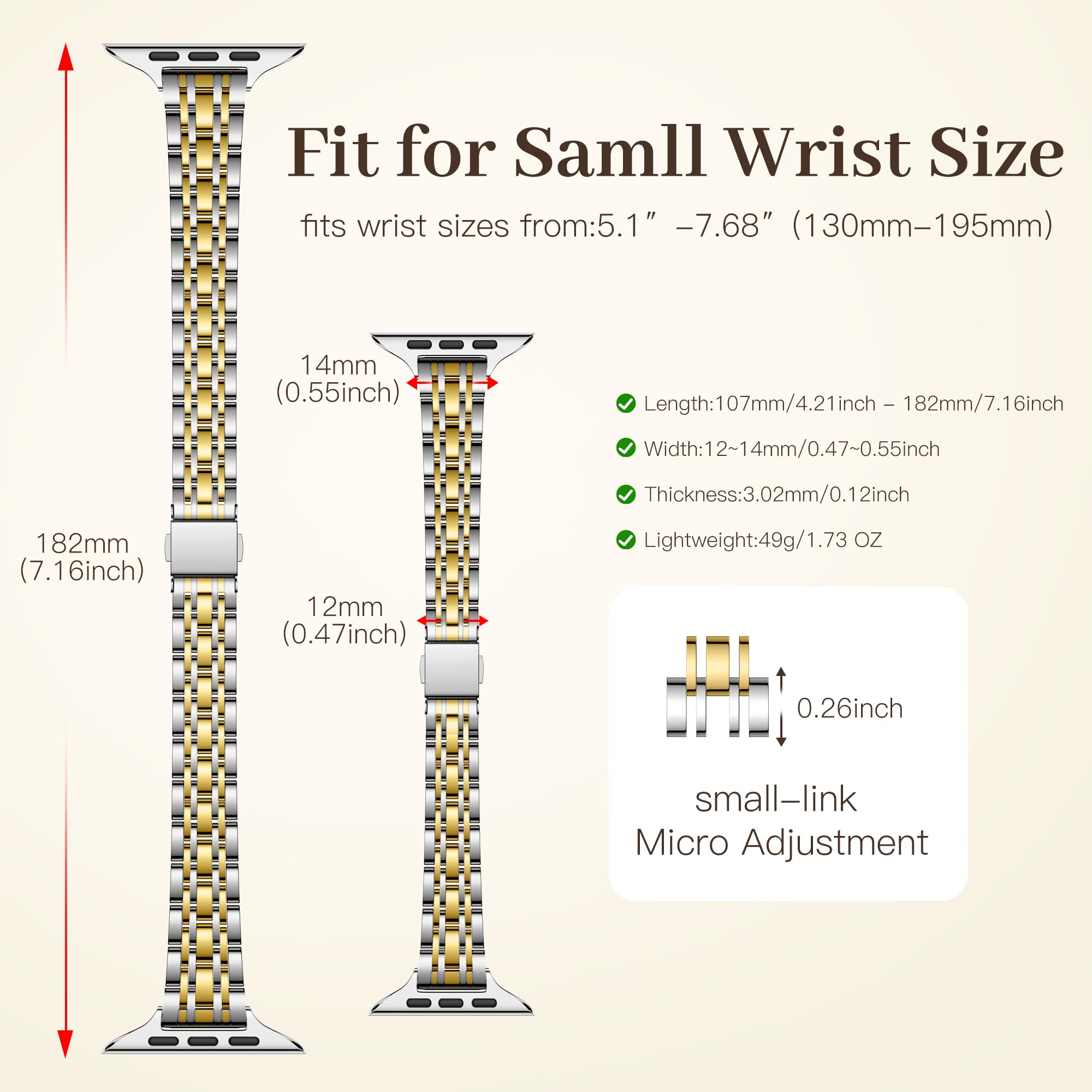 Lerobo Bracelet fin en métal compatible avec les bracelets Apple Watch pour femme 40 mm, 41 mm, 42 mm, 38 mm, 44 mm, 45 mm, 46 mm, 49 mm, bracelet fin et élégant en acier inoxydable pour iWatch Series