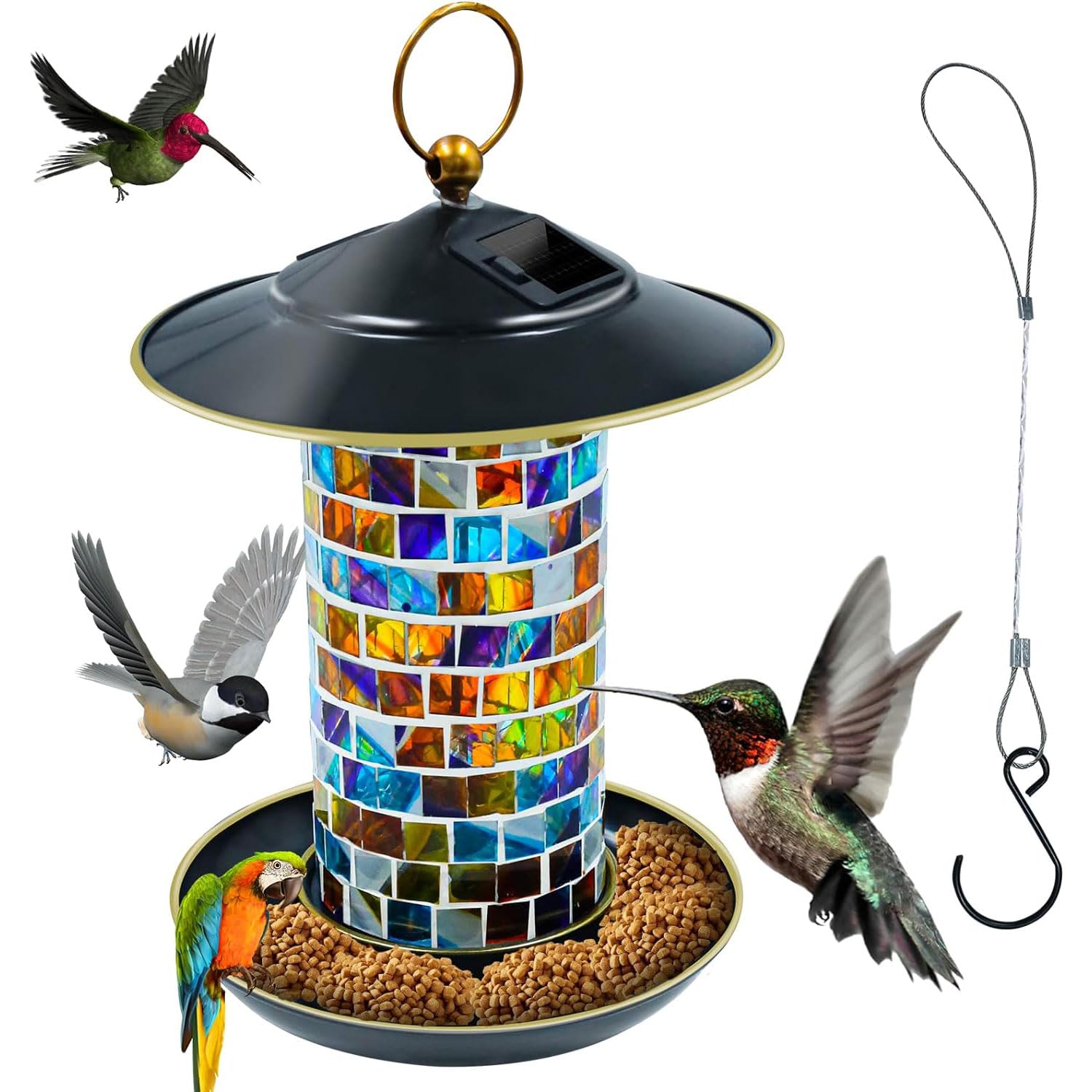 Comedero de Vidrio soplado a Mano con Mosaico, comederos para pájaros Salvajes de Gran Capacidad, comedero para pájaros Colgante de Metal para jardín (Colorido)