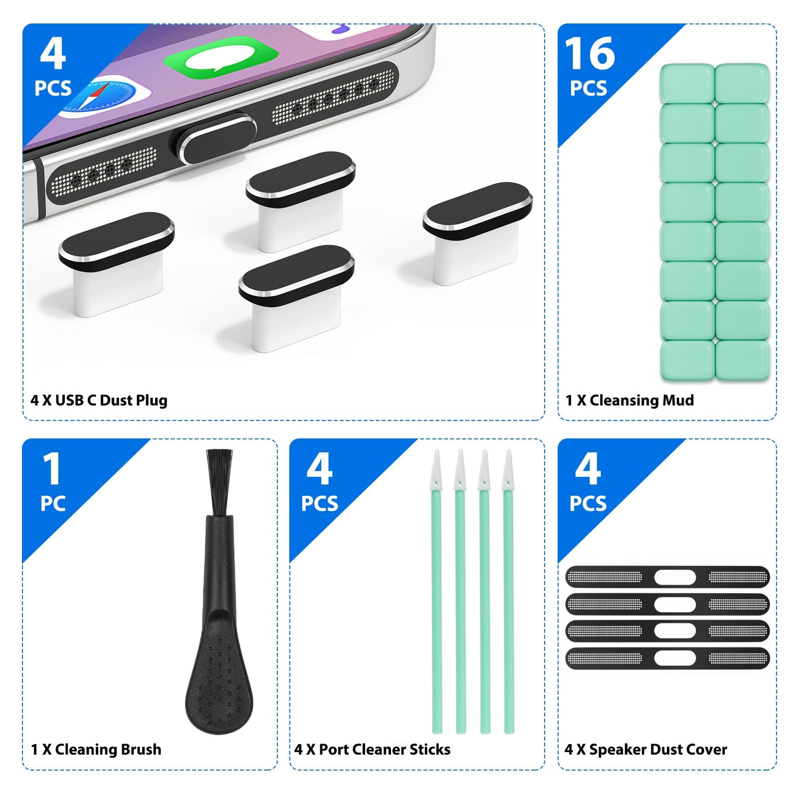 4 szt. Ochrona przeciwdustowa USB-C z, osłoną przeciwdustową głośnika i glina czyszcząca, kompatybilne z iPhone 17/16/15/Serii Air i akcesoria ochronne gniazda ładowania laptopa(Czarny)