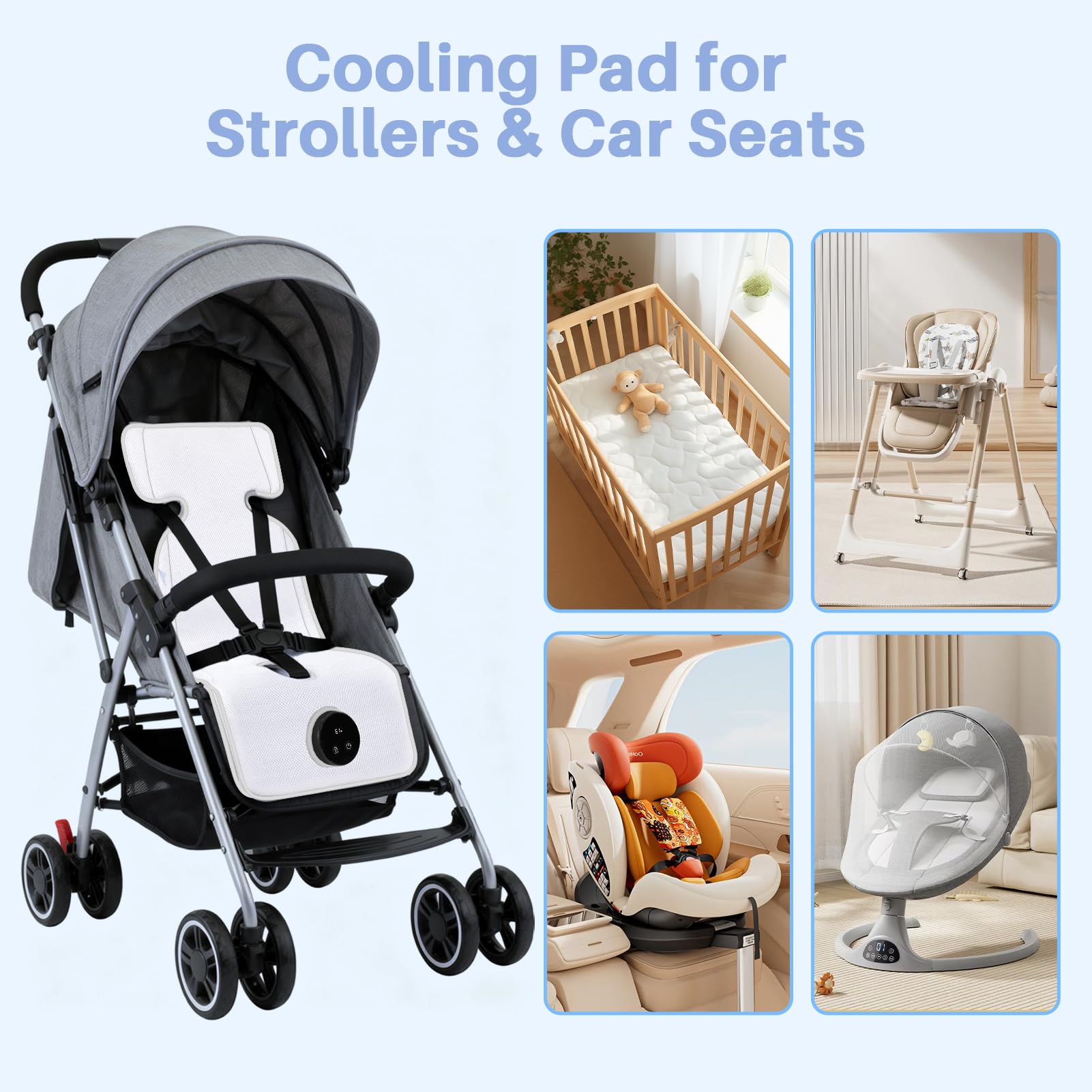 Sendowtek Colchoneta Silla Paseo Universal, Almohadilla Carro Bebe de Malla 3D Aireada con Ventilador Ajustable, Funda Silla PaseoTranspirable para Verano Exterior Interior Cuna Silla de Auto
