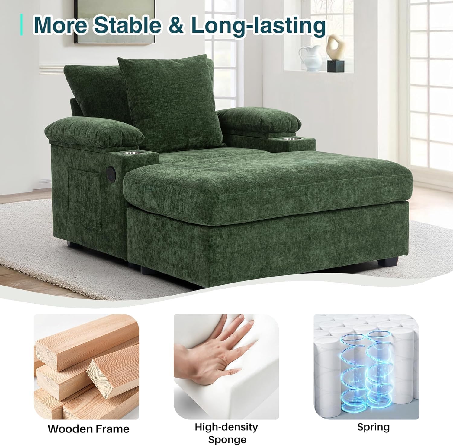 Oversized Chaise Lounge Chair with Ottoman and Cup Holders, Modern Sleeper Sofa with USB Charging Ports for Living Room and Bedroom, Convertible Small Sofa (Green)