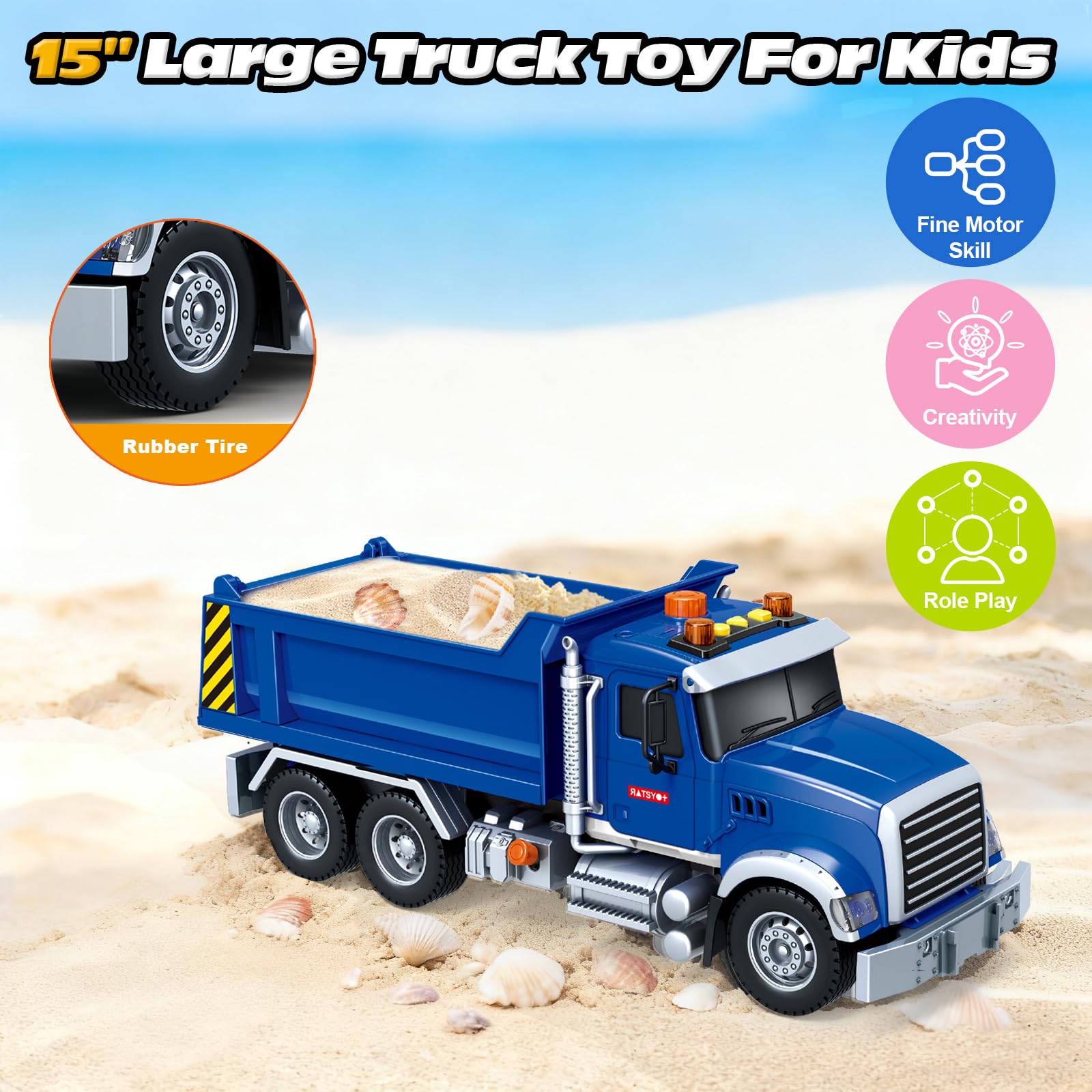 Kids Toys for 3 4 5 6 7 8 Years Old Boys, 15" Large Dump Truck Toy with Lights, Sounds, Blue Toddler Friction Powered Truck Vehicle Toy for Boys Girls Birthday Gifts