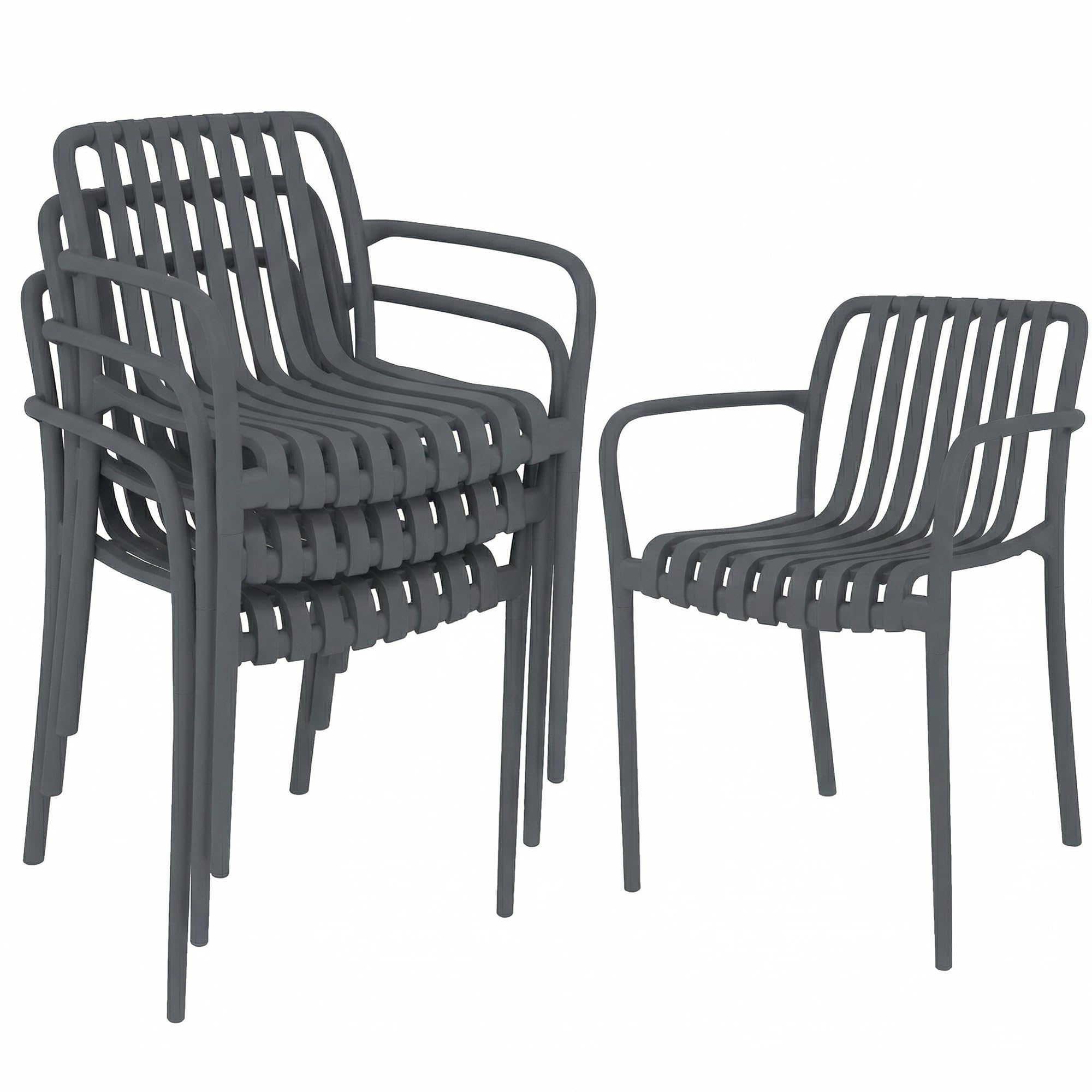 Outsunny Gartenstühle 4er Set Stapelbare Terrassenstühle mit Lamelldesign Armlehnen, Ergonomisch Balkonstühle bis 120 kg Stapelstühle für Garten, Balkon, Terrasse 55 x 58,5 x 81,5 cm Dunkelgrau