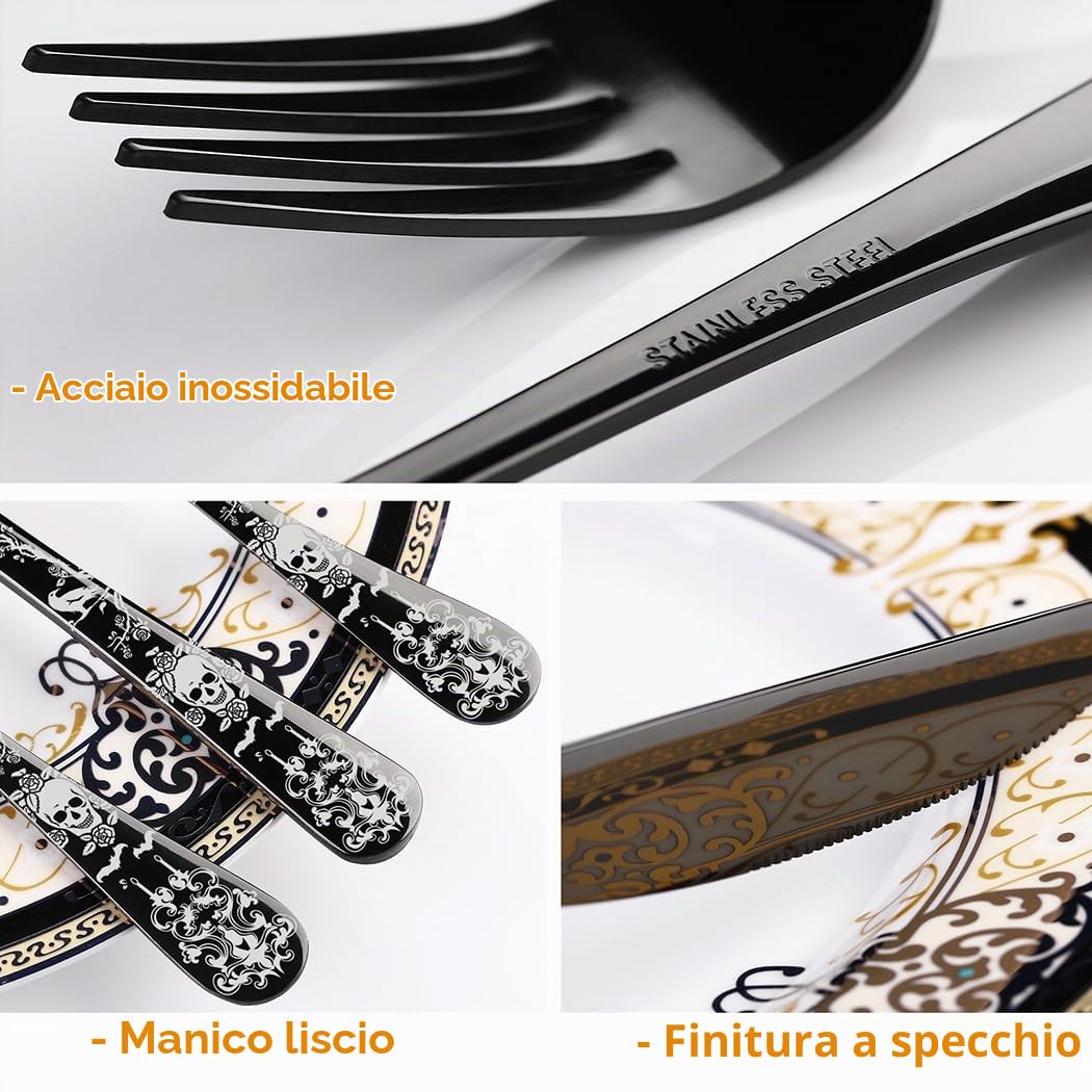 XIAOYU Set Posate 20 Pezzi Acciaio Inox Gotico Design Unico Halloween Teschio/Corvo/Fiore/Pipistrello
