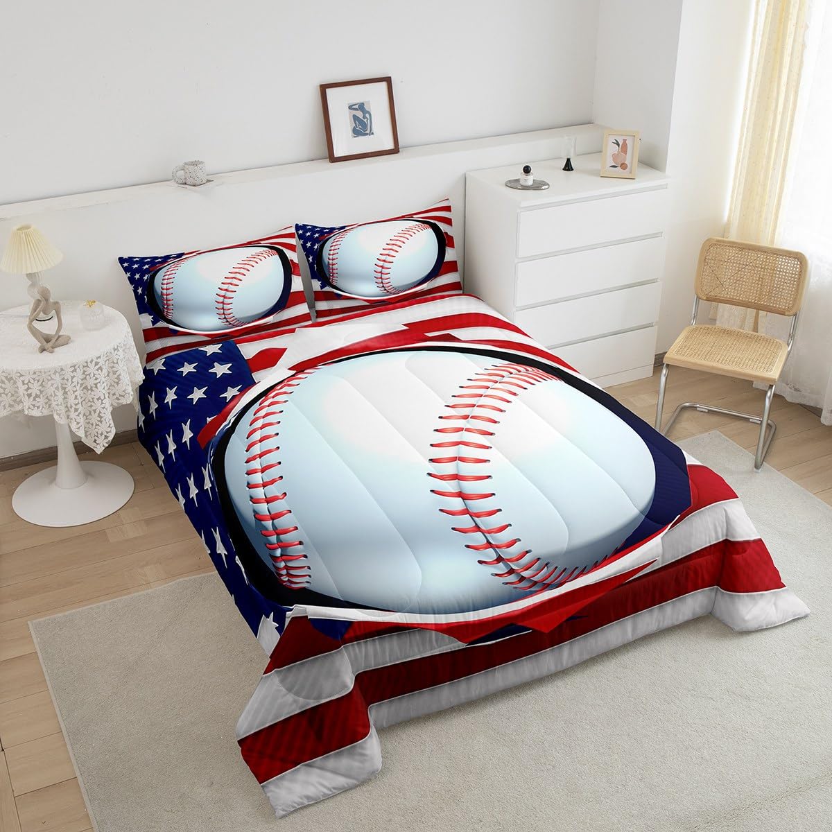 Erosebridal American Flag Bedding Set Full,3D Baseball United States Flag Comforter Set for Boys Teens,Red White Retro Softball USA National Flag Quilted Duvet Ball Sports Game Duvet Filler,Black