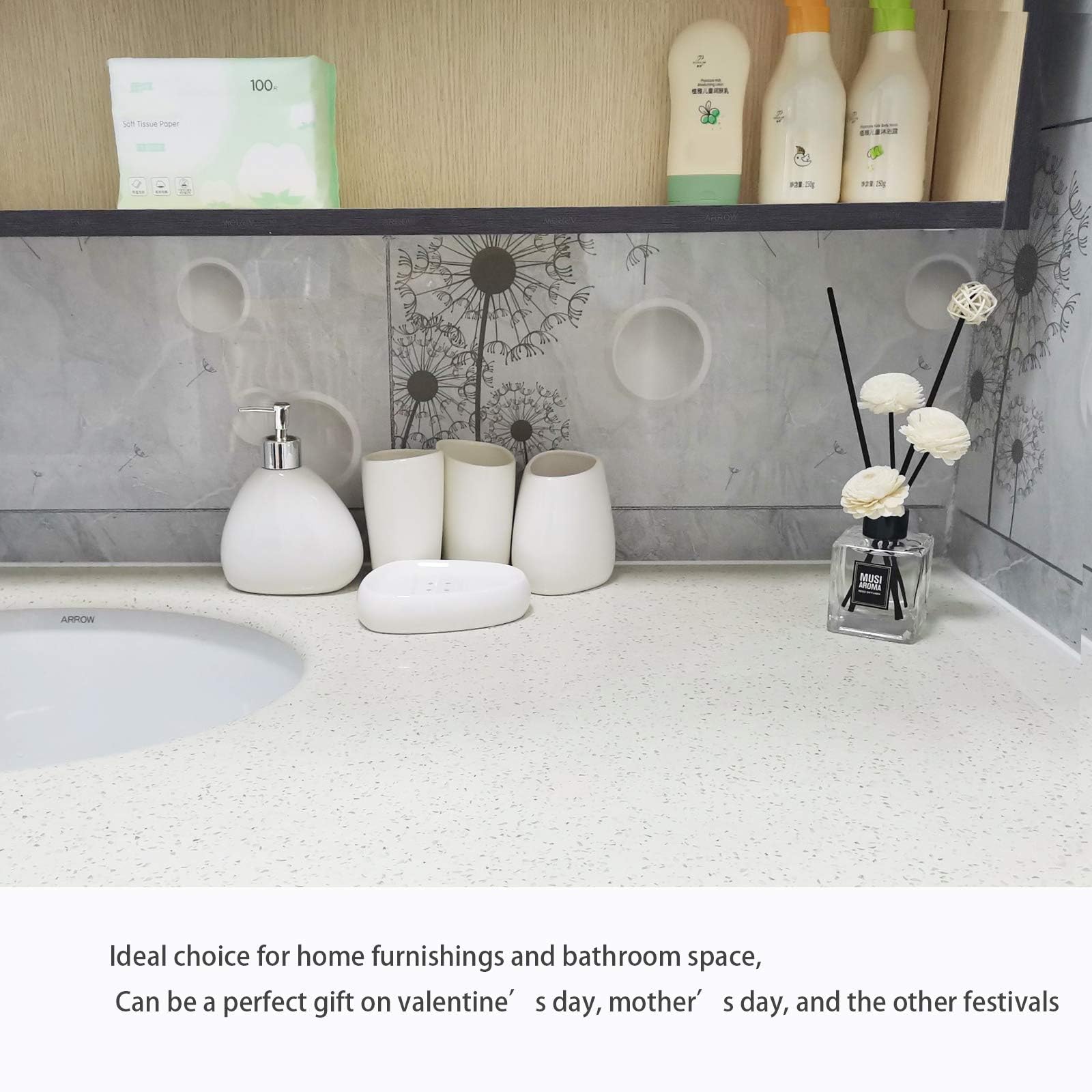 Set di 5 accessori da bagno in ceramica moderna bianca, include dispenser di sapone, portaspazzolino, 2 bicchieri, portasapone