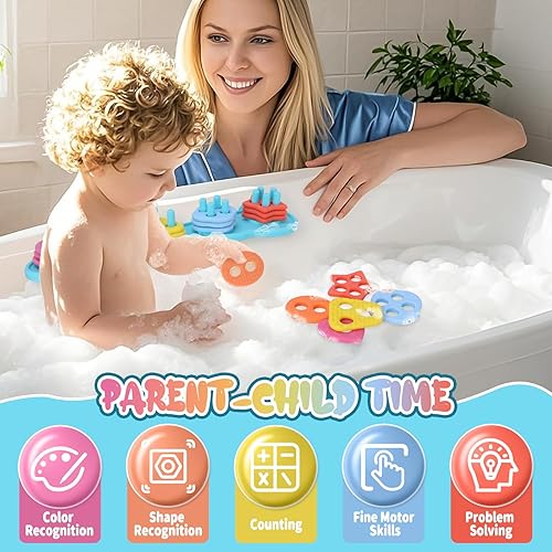 Miniatura 7 de Juguetes de baño para bebés, juego de juguetes de baño de silicona sin moho para clasificar y apilar con 20 piezas flotantes texturizadas, diseño