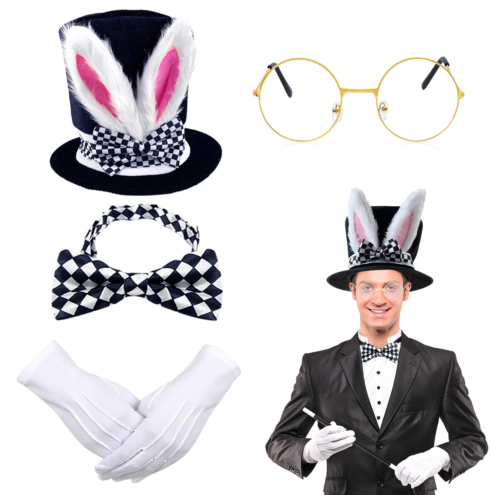 BleSky White Rabbit Costume Set Mad Hatter Costume Bunny Ear Top Hat Glasses Bow Tie Gloves for Easter Halloween Costume Accessories (4 Pieces, Multicolor)
