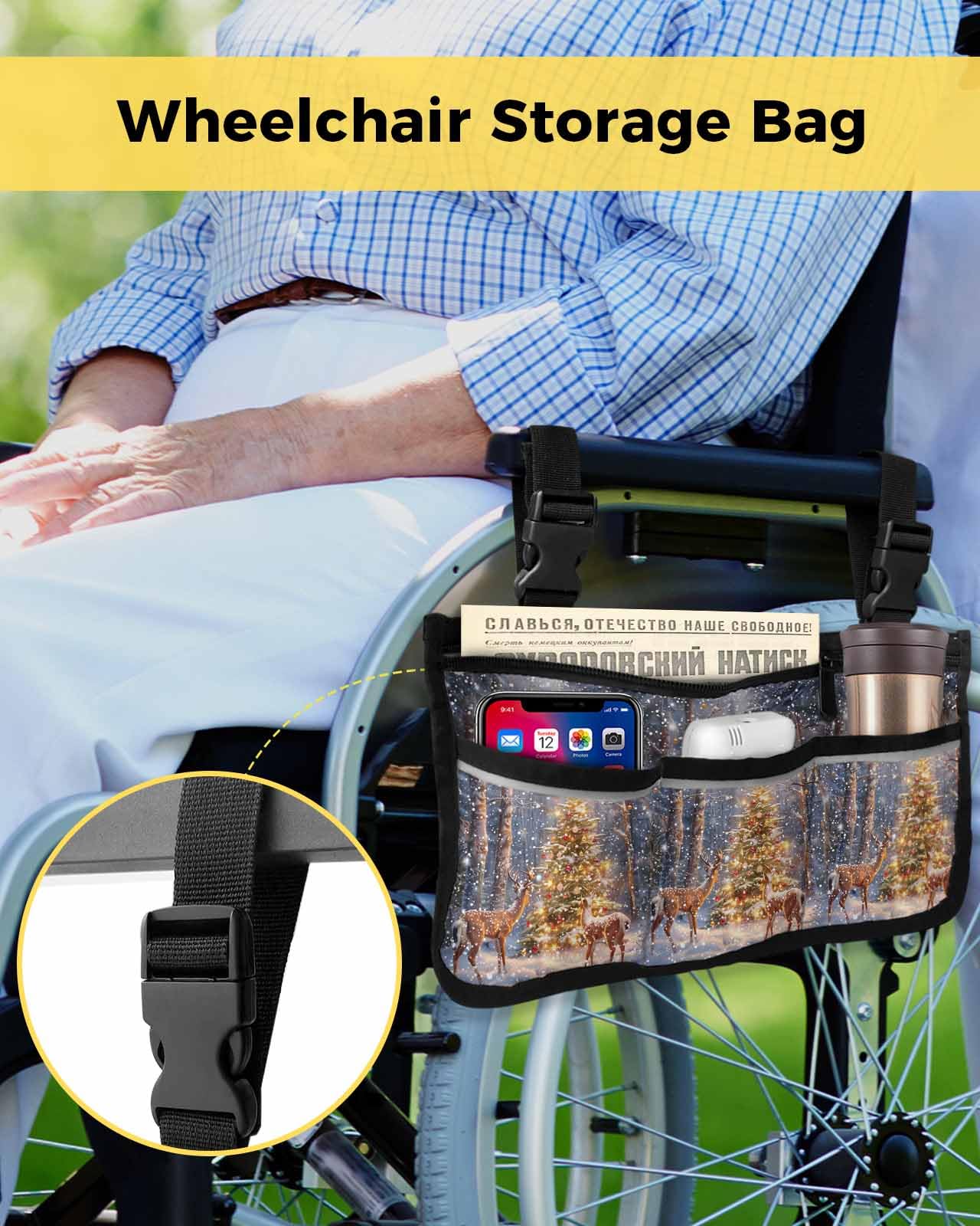 Anzona Christmas Tree Wheelchair Side Bag Walker Bag, Winter Deer Xmas Tree Snowfall Wheelchair Accessories Armrest Pouch, Organizer Storage Bag for Walkers, Rollators, Scooters, 7.3''x13''