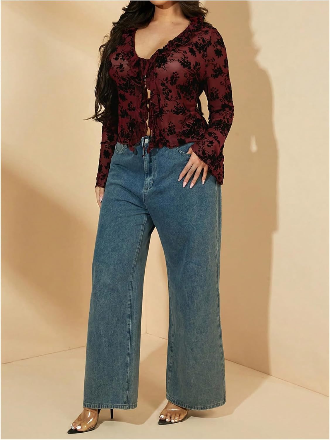 WDIRARA Women's Plus Size Floral Lace Sheer T Shirt Tie Front Long Bell Sleeve Tee Going Out Tops - Image 3