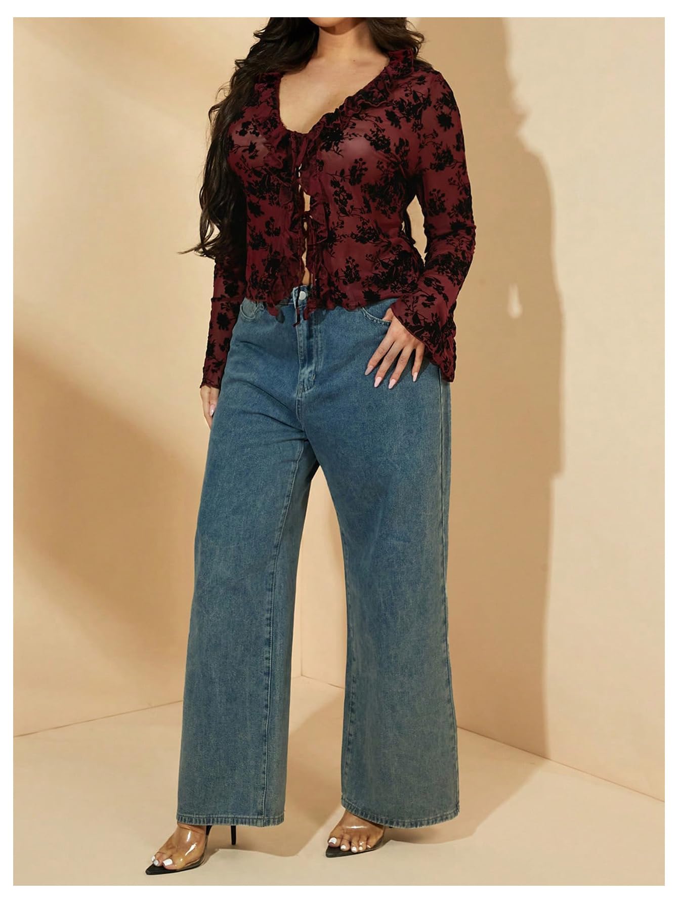 WDIRARA Women's Plus Size Floral Lace Sheer T Shirt Tie Front Long Bell Sleeve Tee Going Out Tops: Large Plus Burgundy