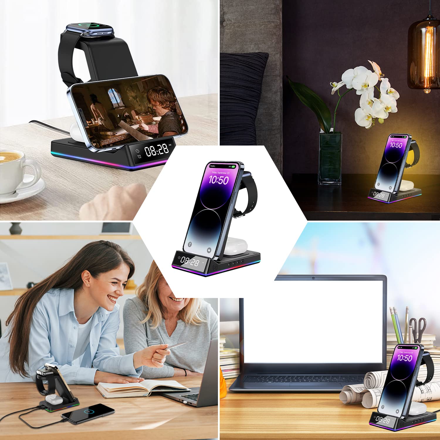 Chargeur sans Fil avec 30W PD Adaptateur, 3 en 1 Pliable Chargeur Induction avec Horloge Compatible avec l'iPhone 17/16/15 Serie, Station de Charge pour iwatch 8/7/6/5/4/3/2 et Air Pods Pro/3/2(Noir)