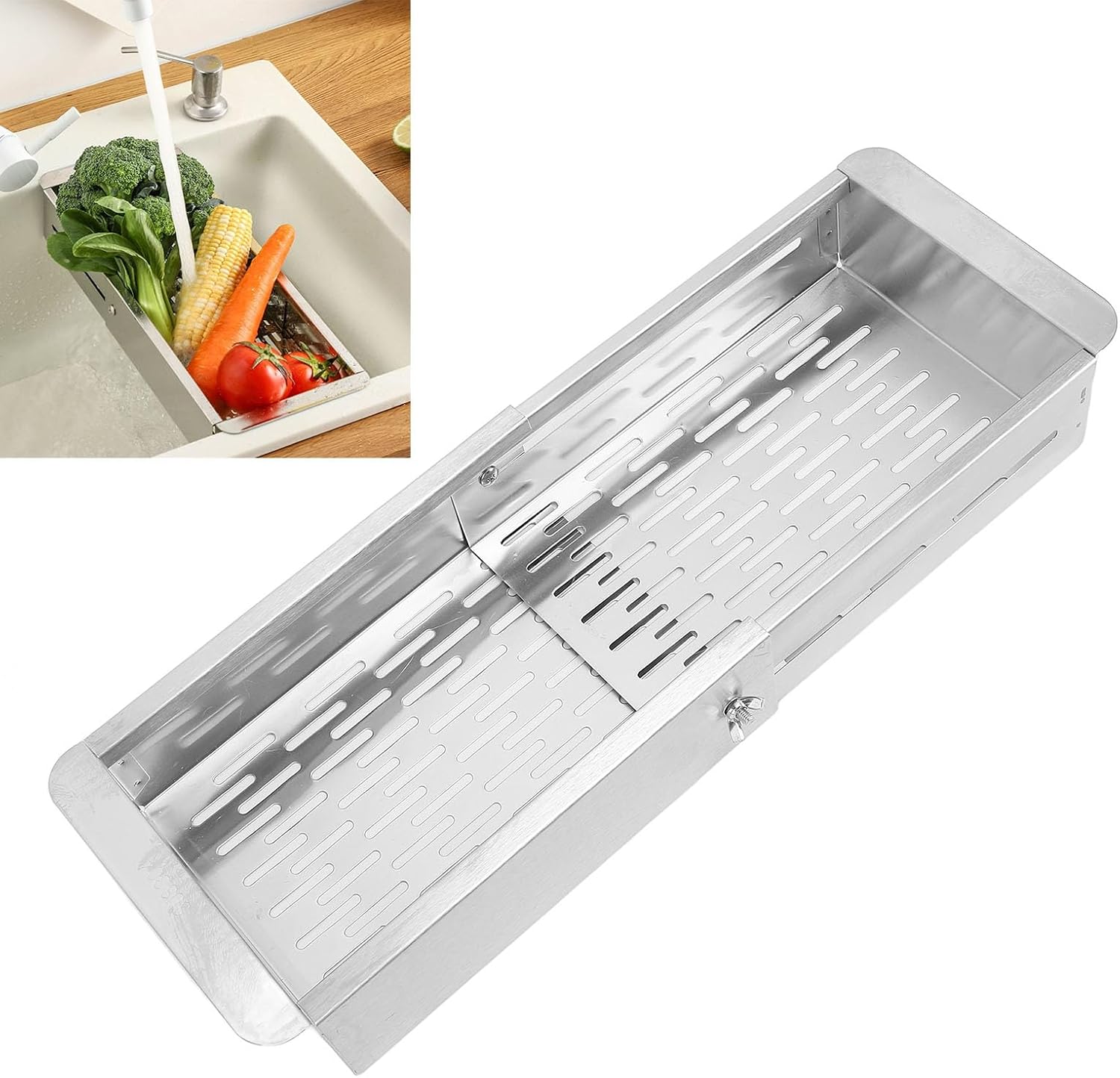 Retractable Sink Dish Drying Rack, 304 Stainless Steel Kitchen Drainer Baske 41.5cm/16.34in Expandable Space Saving Utensil Storage Holder for Fruits, Vegetables, Tableware