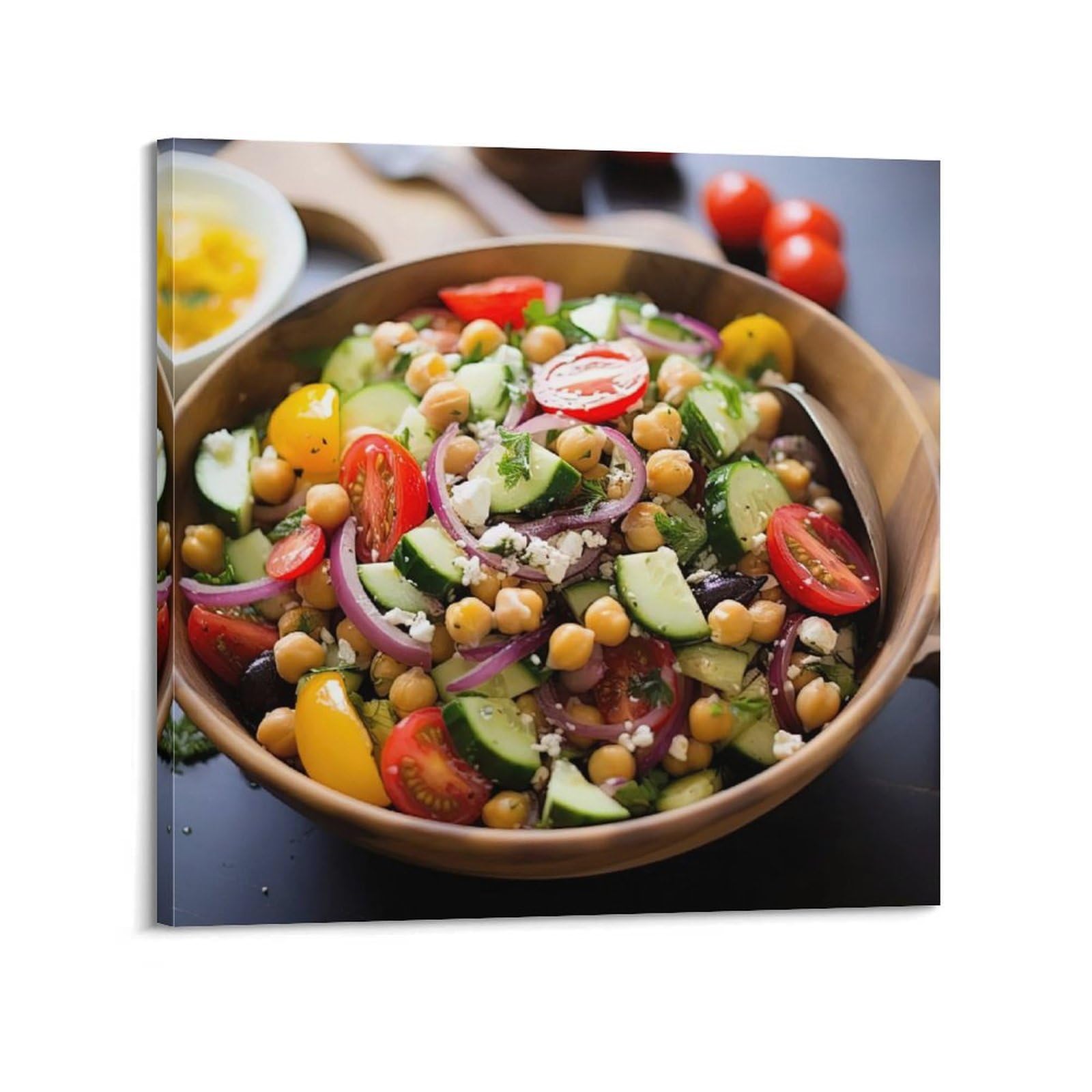 Poster mit veganen Rezepten, farbenfroher Kichererbsen-Salat, griechischer Feta, Olive, vegetarisches Gericht, dekoratives Gemälde, Leinwand, Wandkunst, Bilddruck, moderne