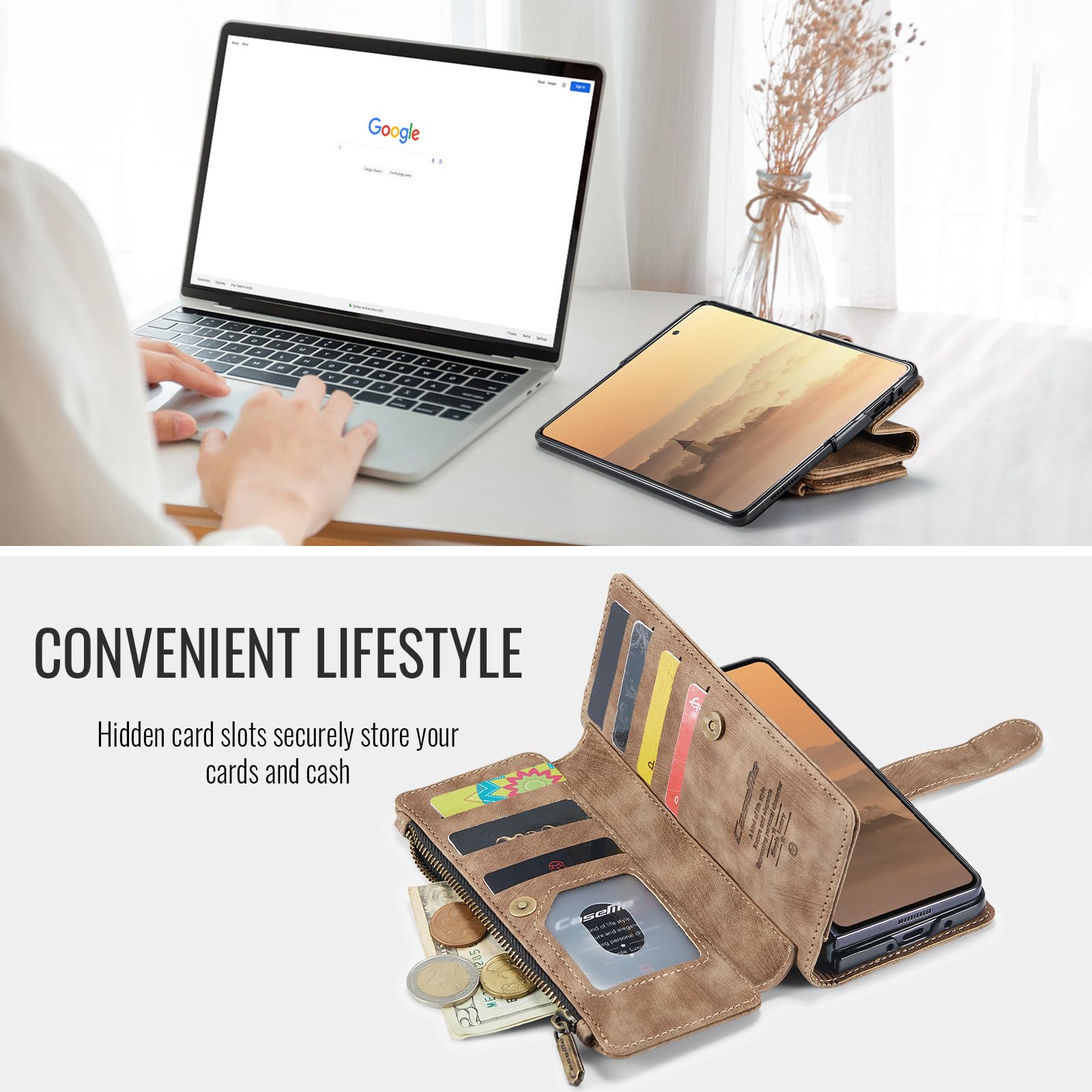 Etui portfelowe ze skóry PU, pasuje do telefonu Samsung Galaxy Z Fold8, przegródki na karty, magnetyczne zamknięcie, podpórka, odporny na wstrząsy pasek na nadgarstek, zamek błyskawiczny o