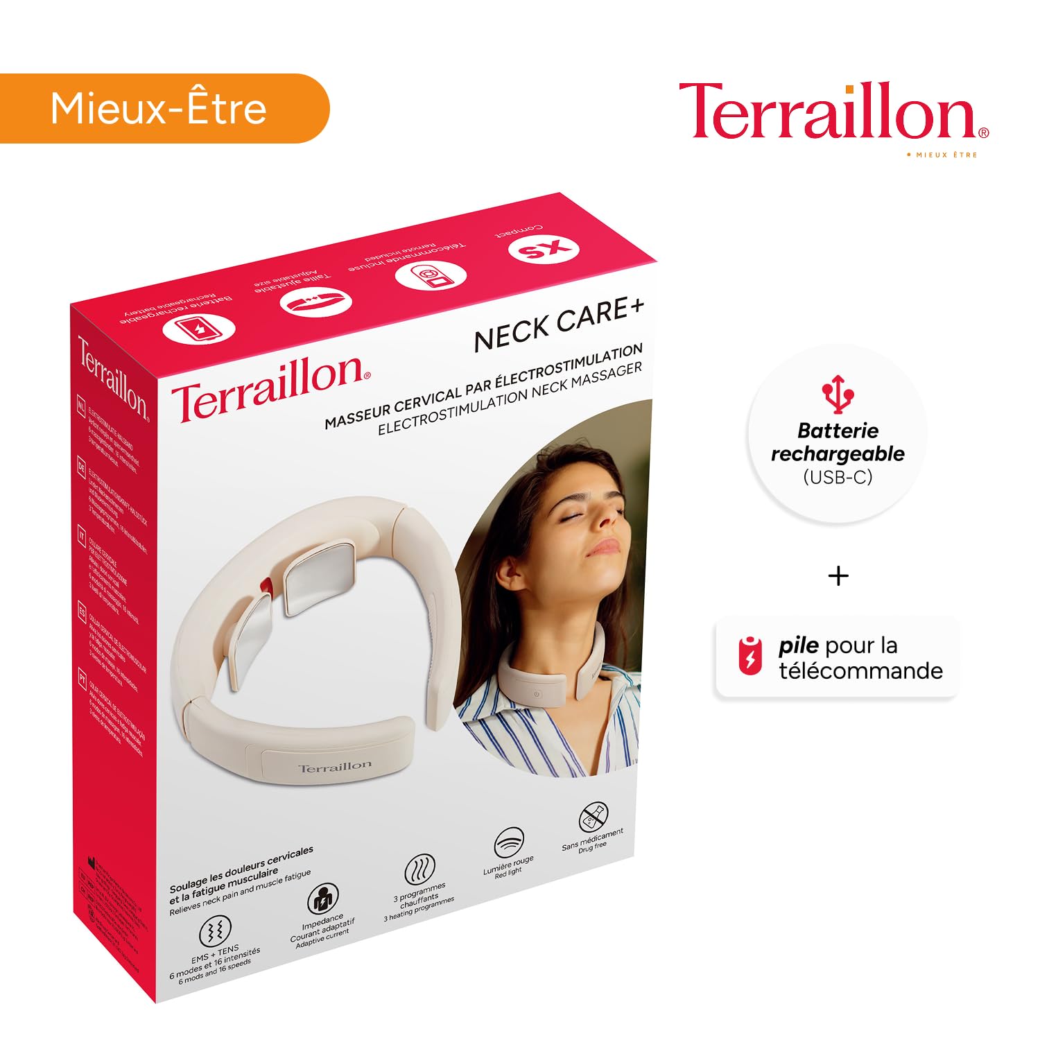 TERRAILLON - Masseur Cervical Coussin de Nuque Massant, Programmes TENS & EMS, Chauffant, Lumière Rouge, Soulage les Douleurs, Réduit les Tensions, 6 Modes, 16 Intensités, USB-C, NECK CARE +