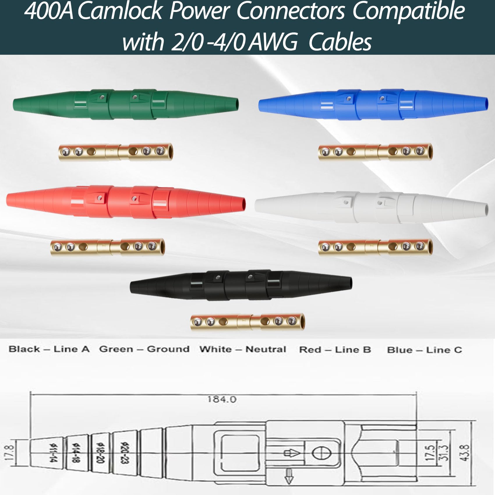 CLS40 - Conector de alimentación de bloqueo de leva CLS40 400A, juego de cables Camlock con 5 machos y hembras para cable de distribución de alimentación, cable de bloqueo de leva 2/0-4/0, conectores