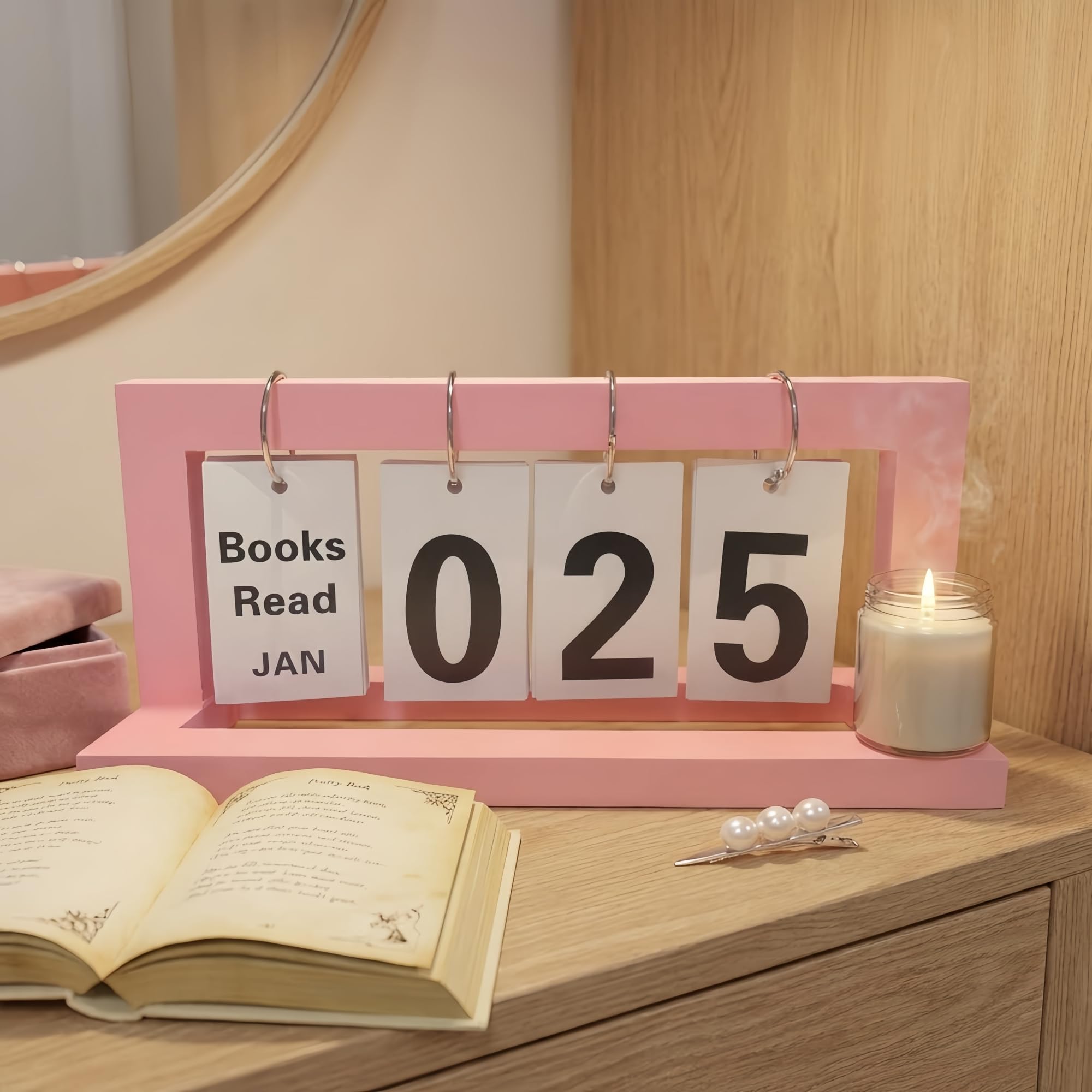 ZYZX Wooden Books Read This Year or Month Tracker Display Stand - with Flip Numbers Border, Suitable for Teachers, Students, Classrooms, Libraries, Home Office Decoration Gifts