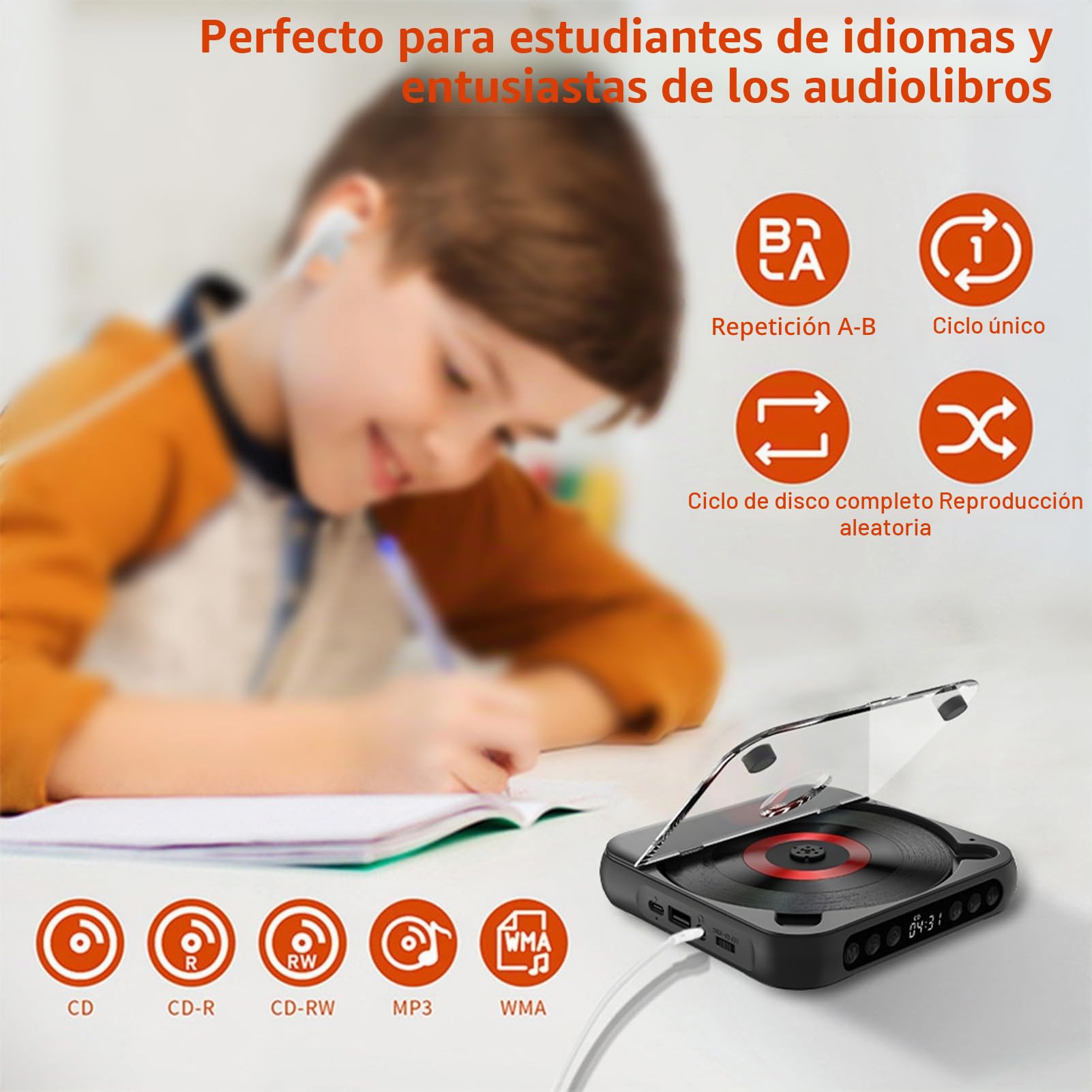 Kavolet Reproductor de CD portátil Walkman BT Reproductor de música Reproductor de CD con Cubierta a Prueba de Polvo, Incluye Auriculares, 6 Modos, Temporizador de repetición AB, Mando a Distancia,