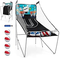 Vista 1 de GYMAX Juego de baloncesto arcade plegable para interiores con 8 modos de juego, sonido de arcade, 4 bolas y bomba de inflado, juegos de baloncesto
