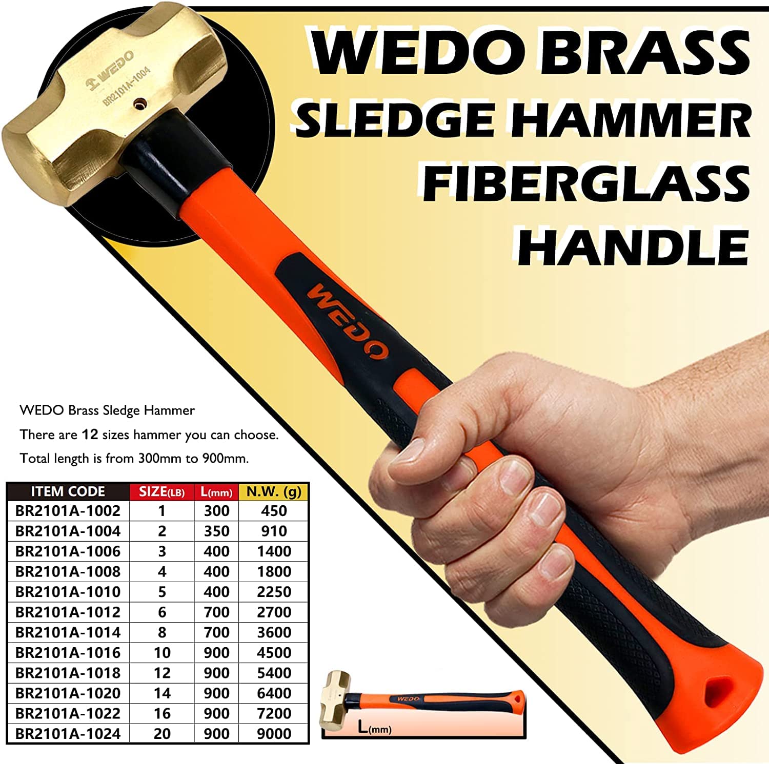 WEDO Fäustel Martello da propulsione 450 g con manico in fibra di vetro, martello demolitore, martello grande, testa martello in ottone, lunghezza 310 mm, martello Feustel (0,45 kg)
