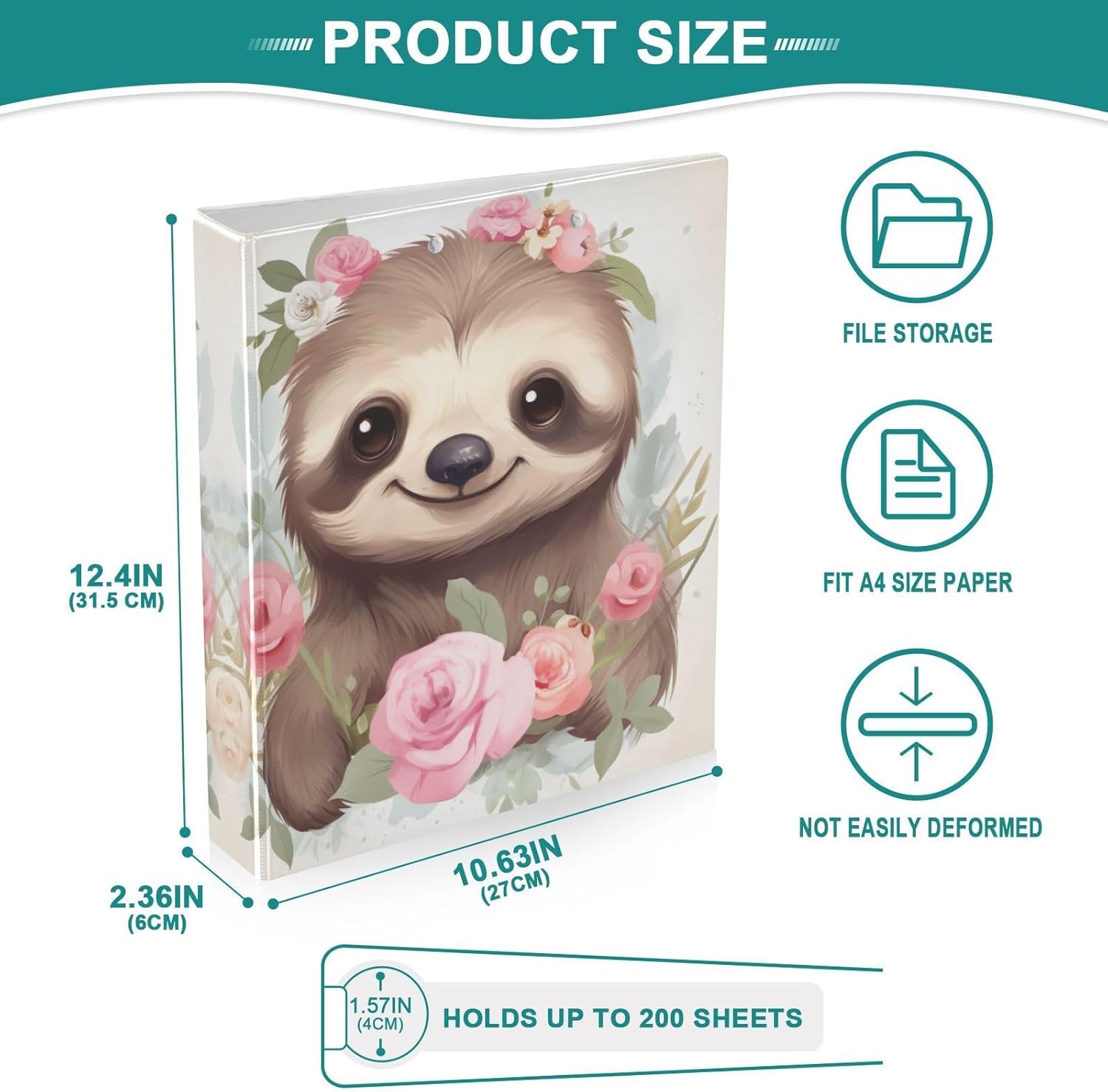 SPRIPORT Sloth 1.5 Inch 3 Ring Binder Holds 200 Sheets for Office Supplies Durable PVC Round Ring Binder with Interior Clear Pockets 3 Ring Notebook Binder for Man Woman Home Work