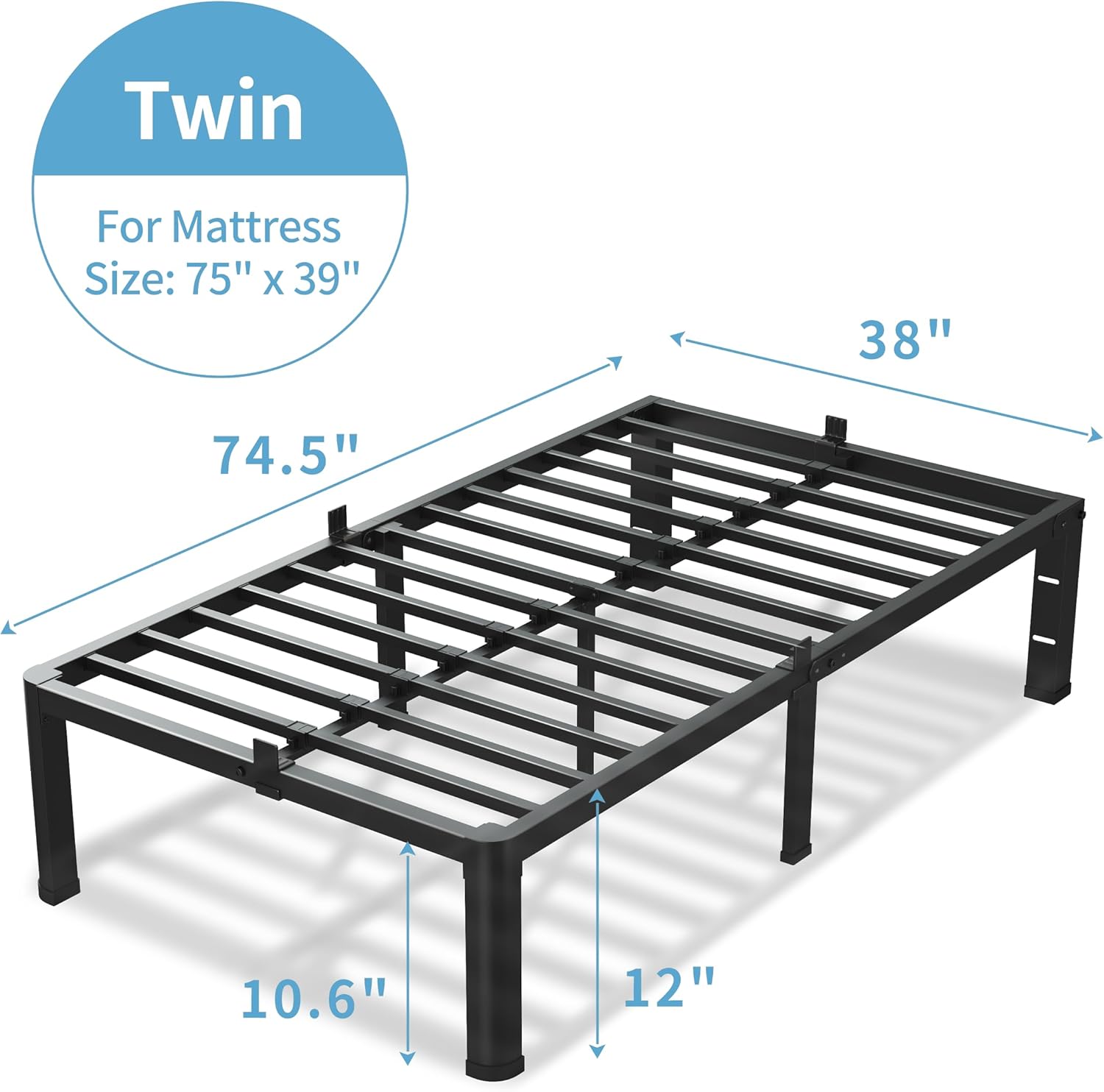 12 Inch Twin Size Bed Frame, 3500Lbs Heavy Duty Metal Platform with Round Corner Legs Mattress Slide Stopper, Steel Slat Support No Box Spring Needed, Noise Free, Non-Slip, Easy Assembly - Image 3
