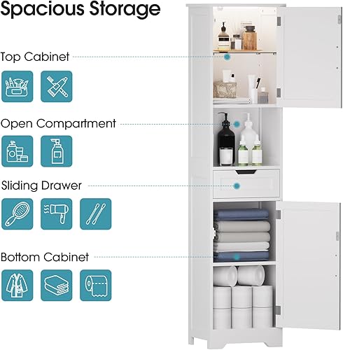 Miniatura 8 de Onelike Armario de almacenamiento de baño de 67 pulgadas de alto con luz, 16 pulgadas de ancho, angosto, delgado, independiente, con puertas y