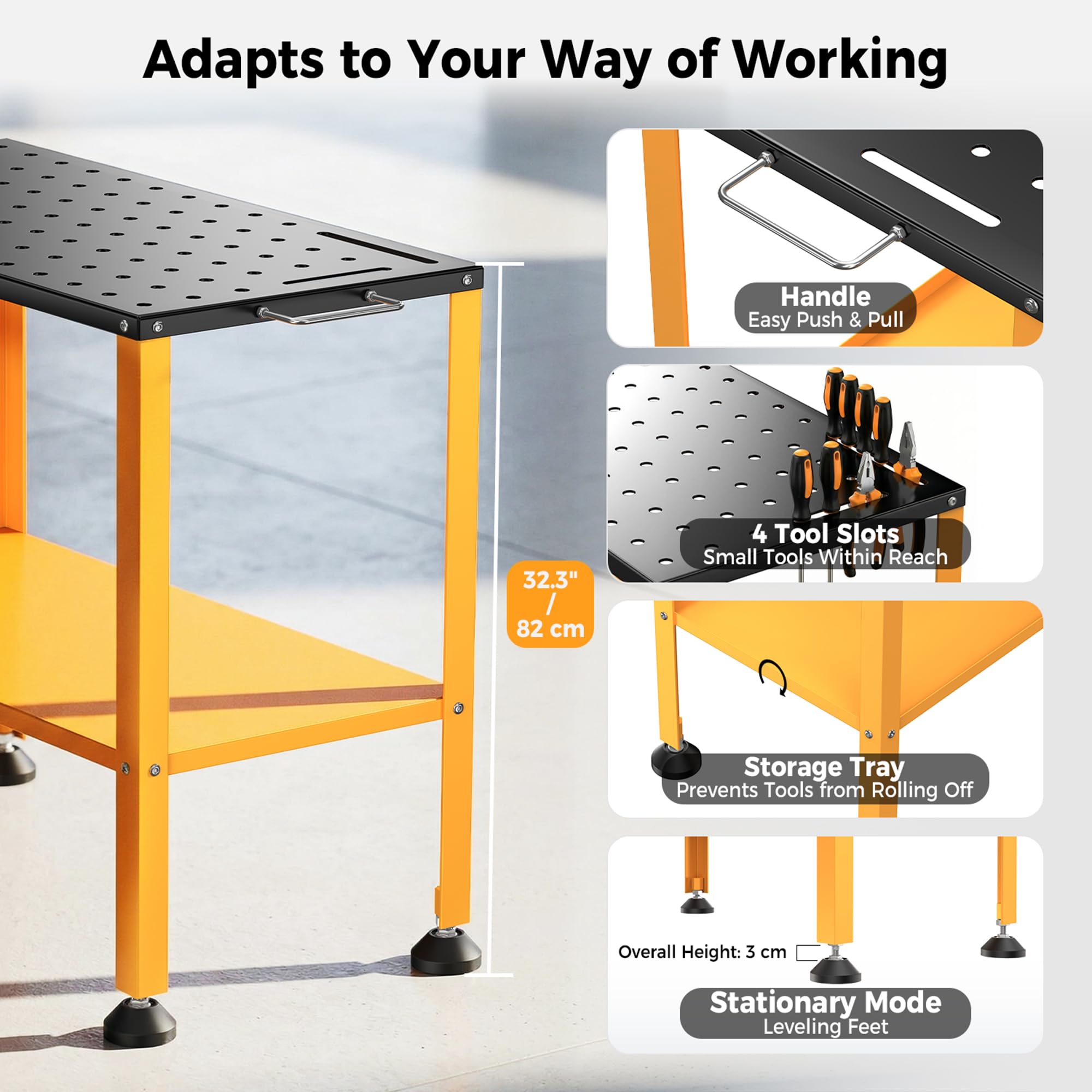 Table de Soudage 91x46 cm, Charge de 544 kg, Finition Oxyde Noir, Établi de Soudage avec 4 Roulettes de Freinage Verrouillables, 4 Fentes pour Outils, Trous de Fixation de 1,6 cm pour Garage, Atelier