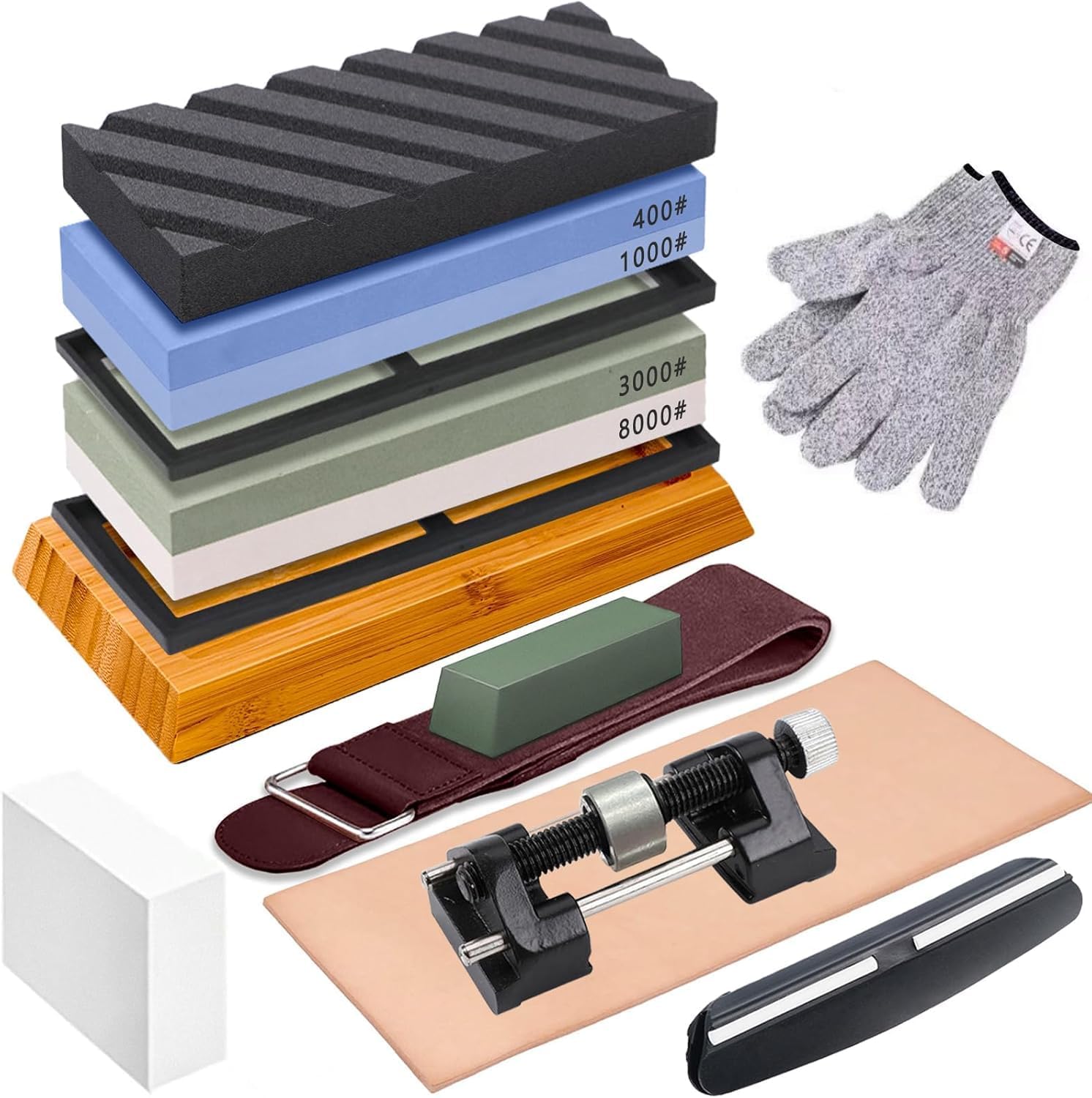 TFMOJHST Knife Sharpening Stone Set - 4 Side Grit 400/1000 3000/8000 Kitchen Knife Sharpener Stone, Professional Kitchen Sharpener Stone Includes Non-Slip Rubber Bases, Flattening Stone