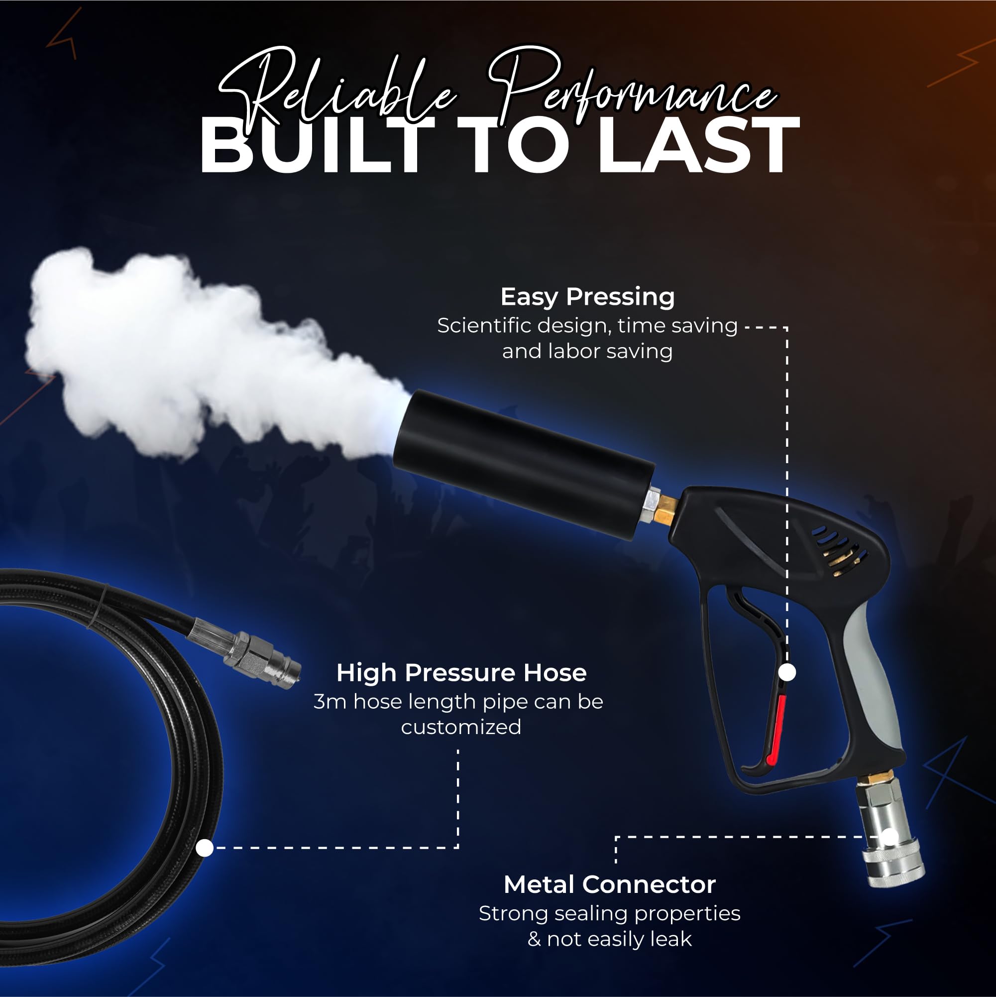 Gun per feste di CO2 con portata di 6 m, cavo da 3 m + tubo di uscita No-Frost | cannone da DJ di alta qualità | adatto per DJ Club Stage palcoscenico | Jet Machine (Mini Gun)