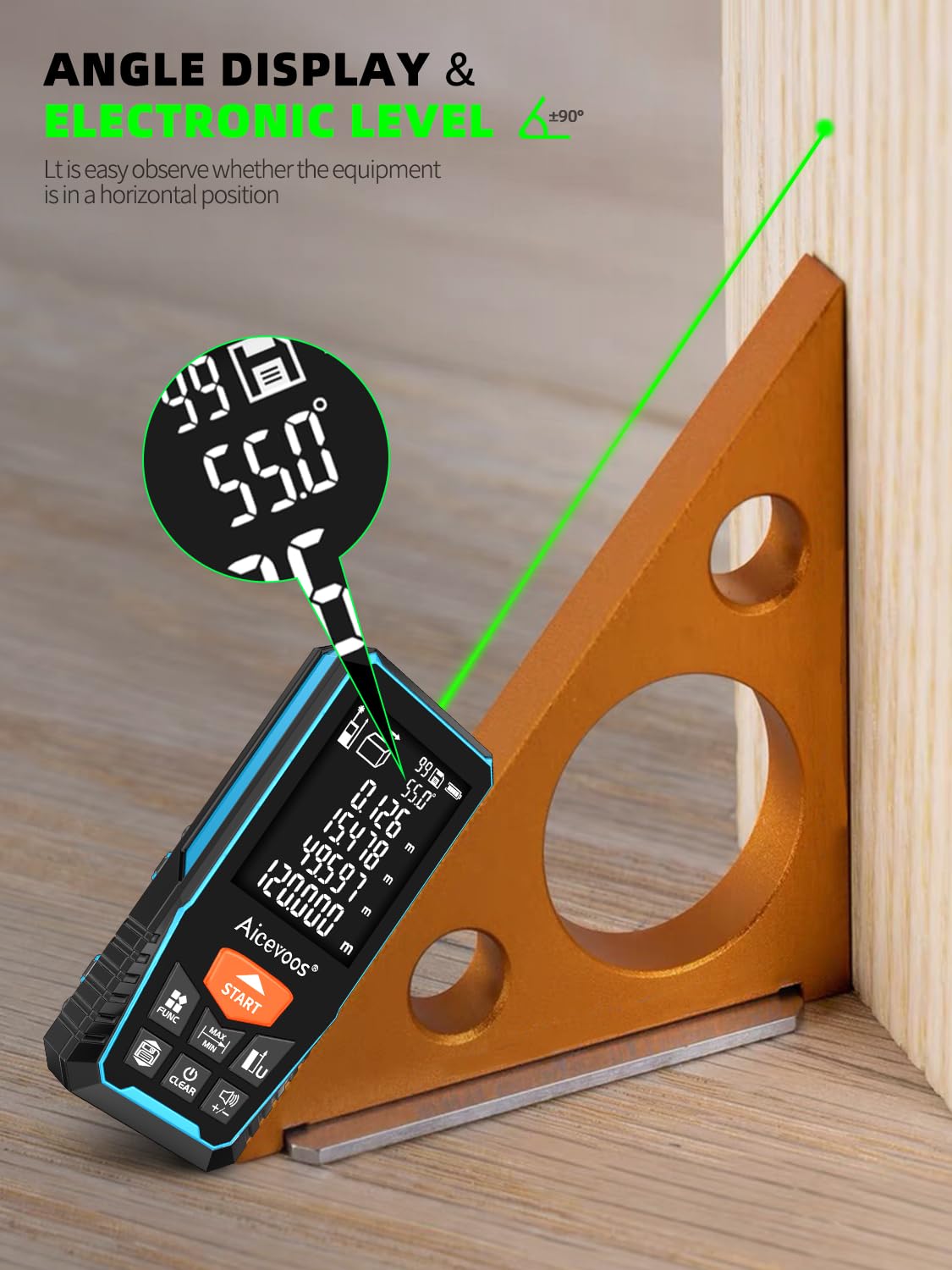 Medidor Láser, Metro Laser 120m, Medidor Láser Distancia con Pantalla Grande con luz de Fondo, Cambio de Unidad M/in/Ft, Nivel Digital, Haz Verde